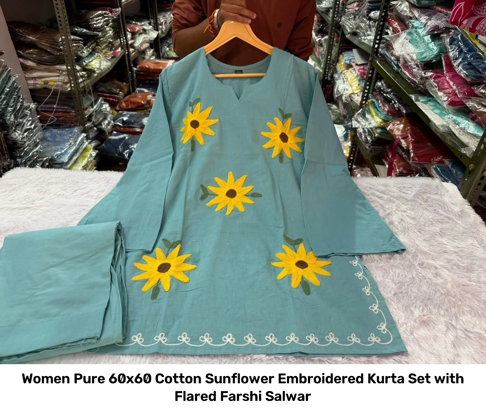 Women Pure 60x60 Cotton Sunflower Embroidered Kurta Set with Flared Farshi Salwar 9