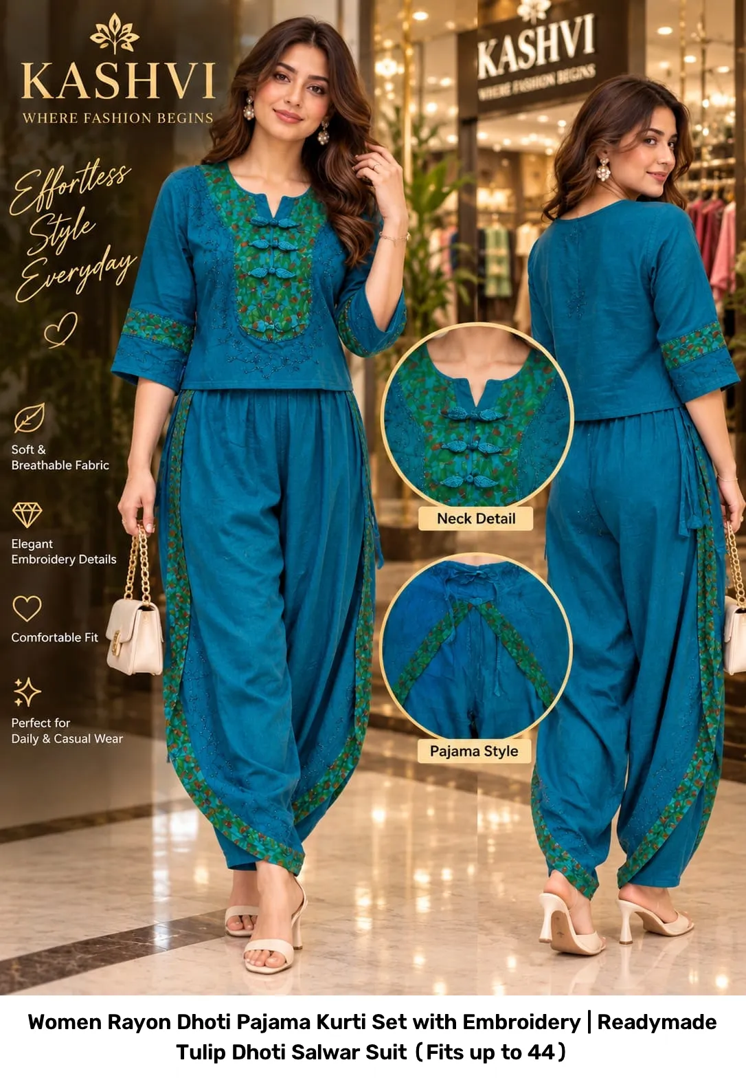 Women Rayon Dhoti Pajama Kurti Set with Embroidery | Readymade Tulip Dhoti Salwar Suit (Fits up to 44) 2