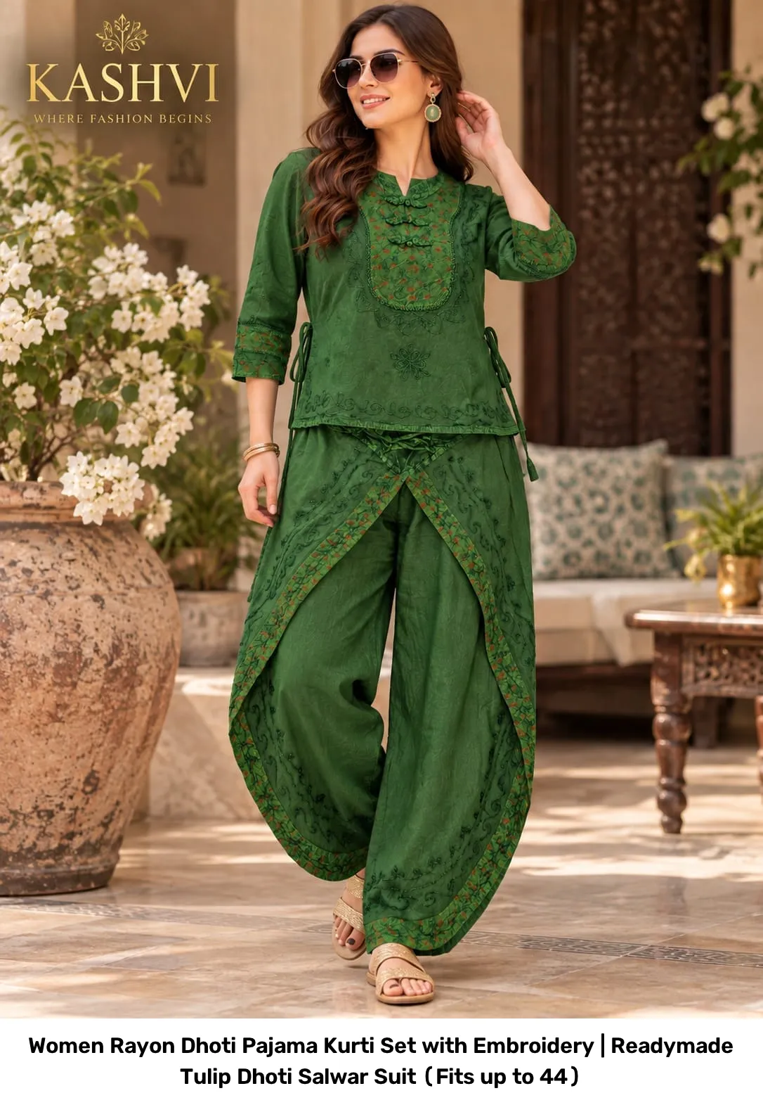 Women Rayon Dhoti Pajama Kurti Set with Embroidery | Readymade Tulip Dhoti Salwar Suit (Fits up to 44) 3