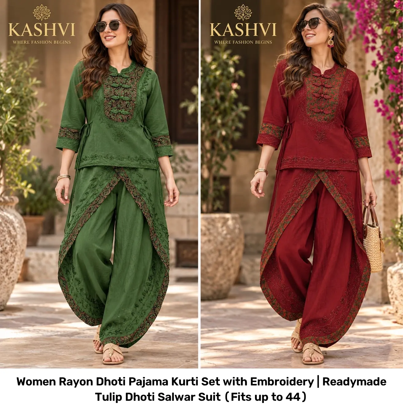 Women Rayon Dhoti Pajama Kurti Set with Embroidery | Readymade Tulip Dhoti Salwar Suit (Fits up to 44) 6