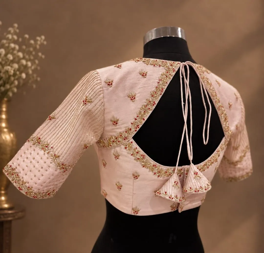 Women’s Baby Pink Silk Readymade Saree Blouse with Maggam Work | Diamond Shape Back Neck with Tassels & Zari Embroidered Half Sleeves Padded Bridal Blouse