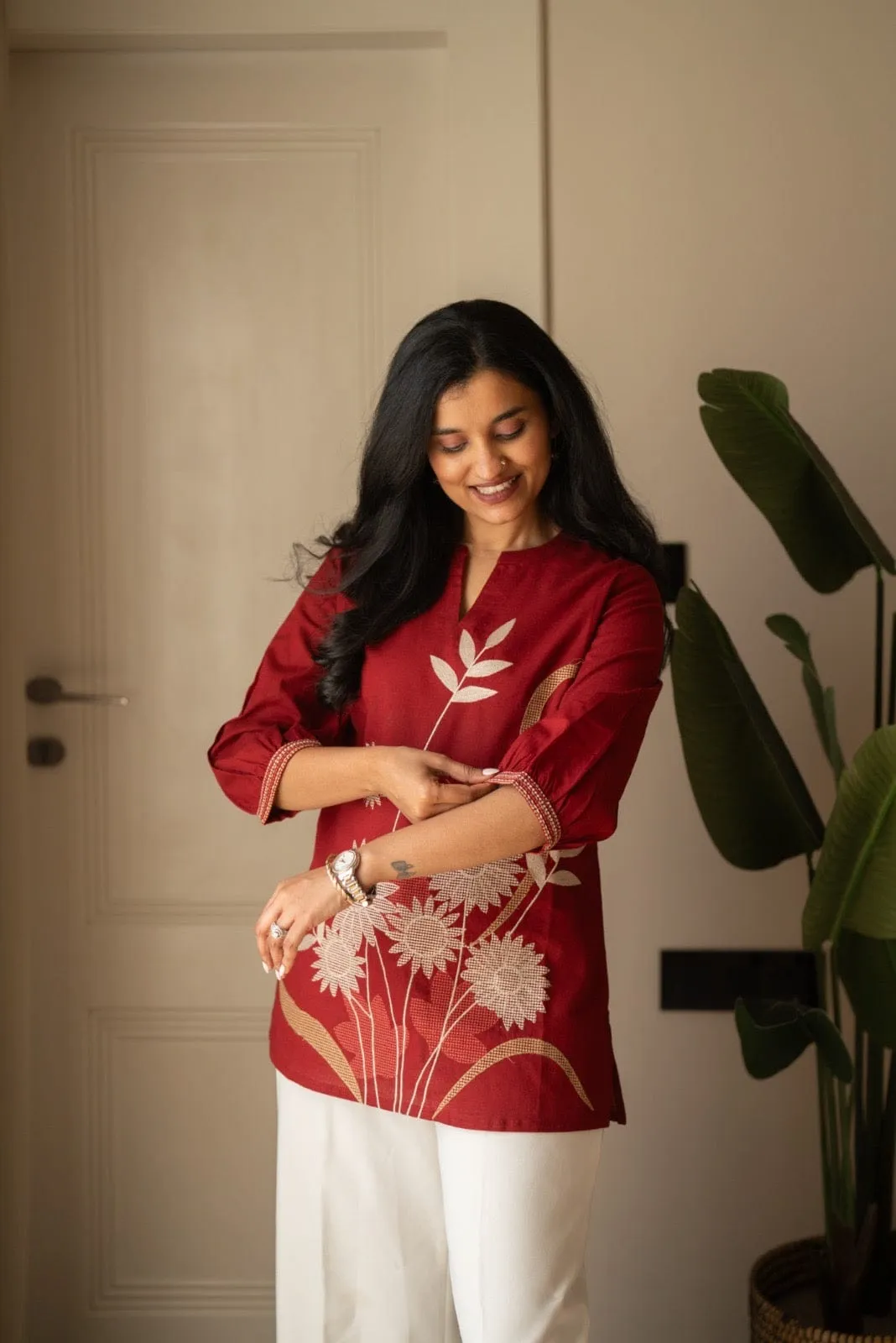 Women's Cotton Floral Motif Tunic Top & Trouser Co-Ord Set | Embroidered Casual 2-Piece Suit