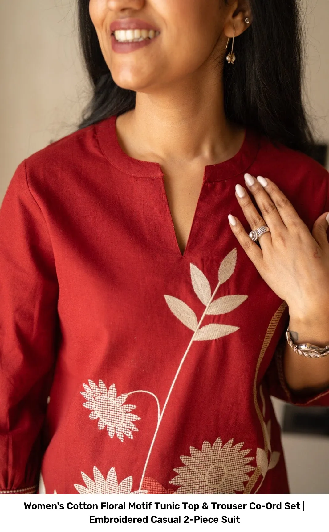 Women's Cotton Floral Motif Tunic Top & Trouser Co-Ord Set | Embroidered Casual 2-Piece Suit 10