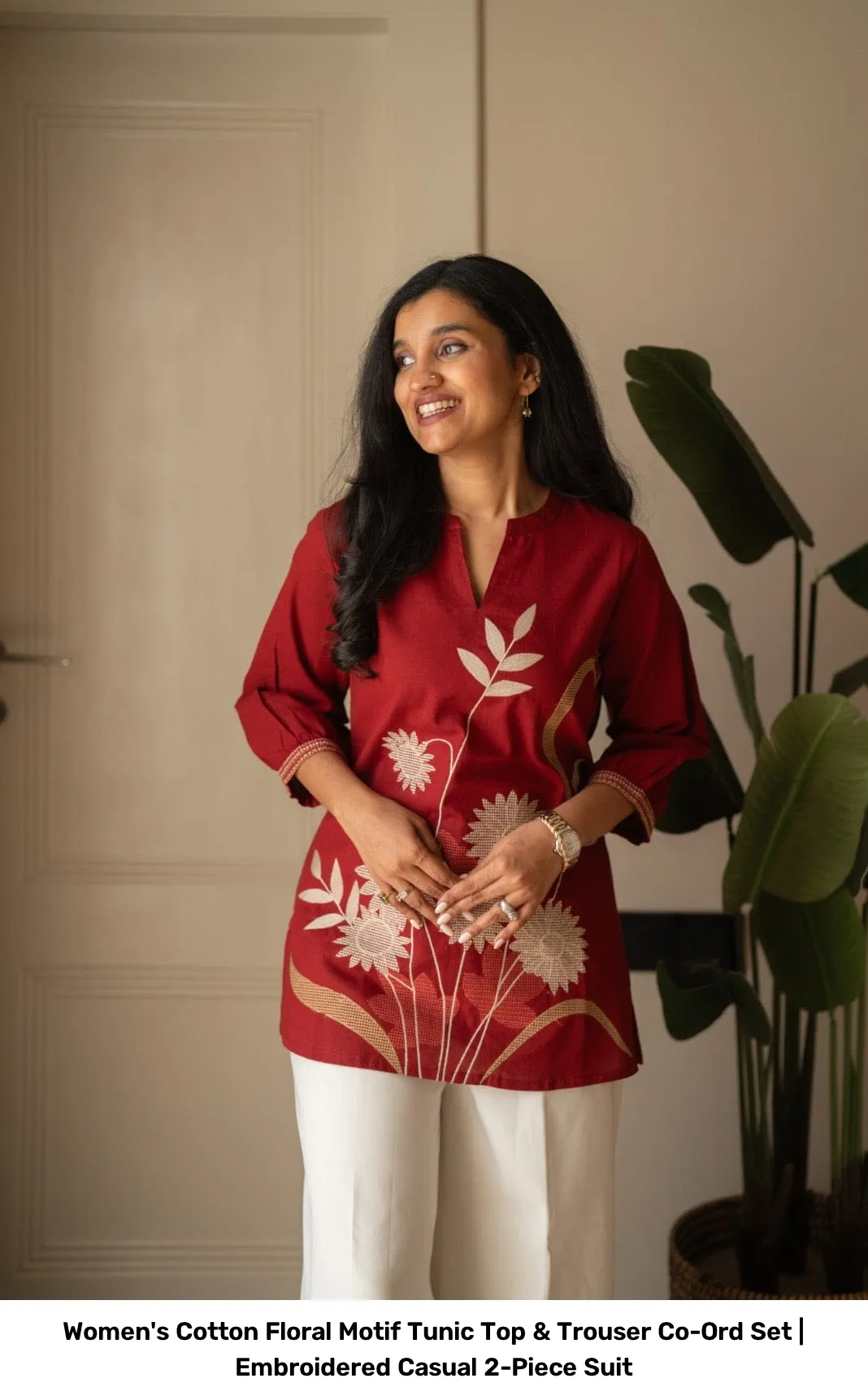 Women's Cotton Floral Motif Tunic Top & Trouser Co-Ord Set | Embroidered Casual 2-Piece Suit 11
