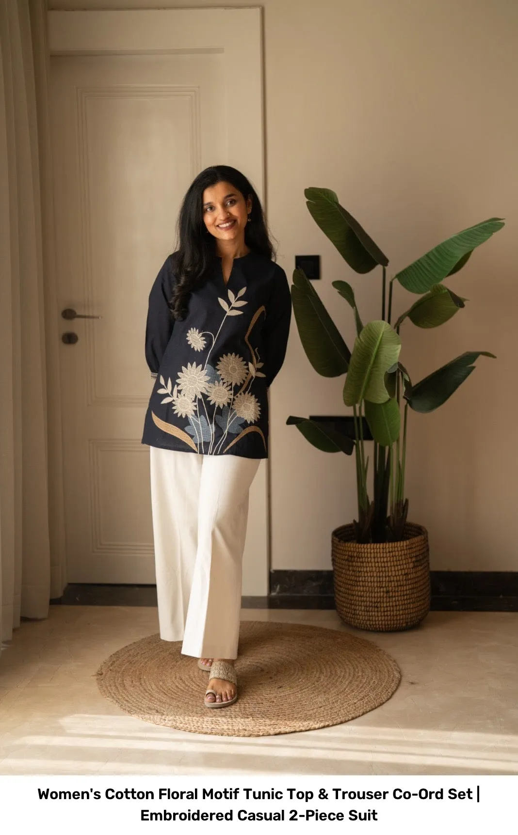 Women's Cotton Floral Motif Tunic Top & Trouser Co-Ord Set | Embroidered Casual 2-Piece Suit 12
