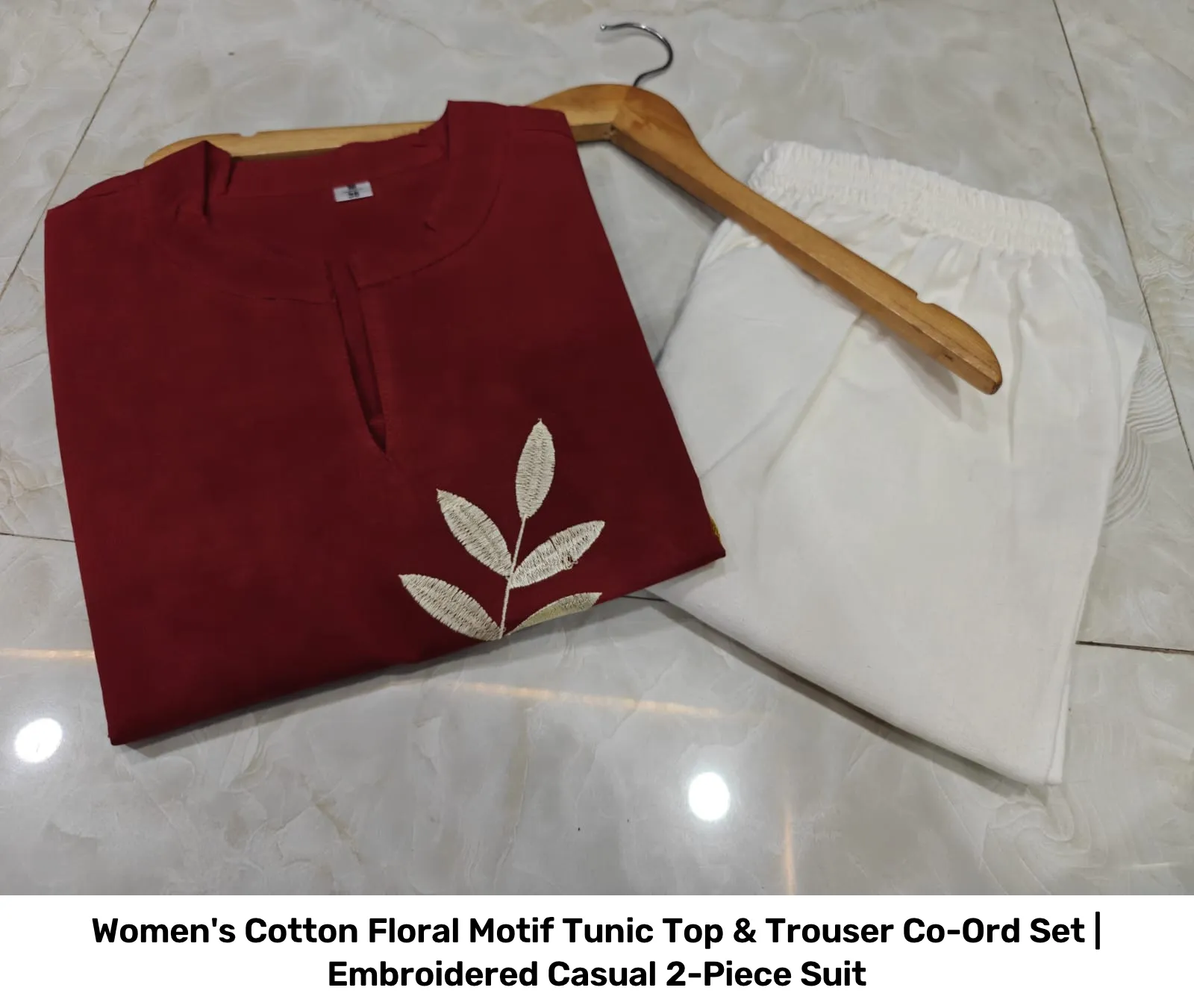 Women's Cotton Floral Motif Tunic Top & Trouser Co-Ord Set | Embroidered Casual 2-Piece Suit 13