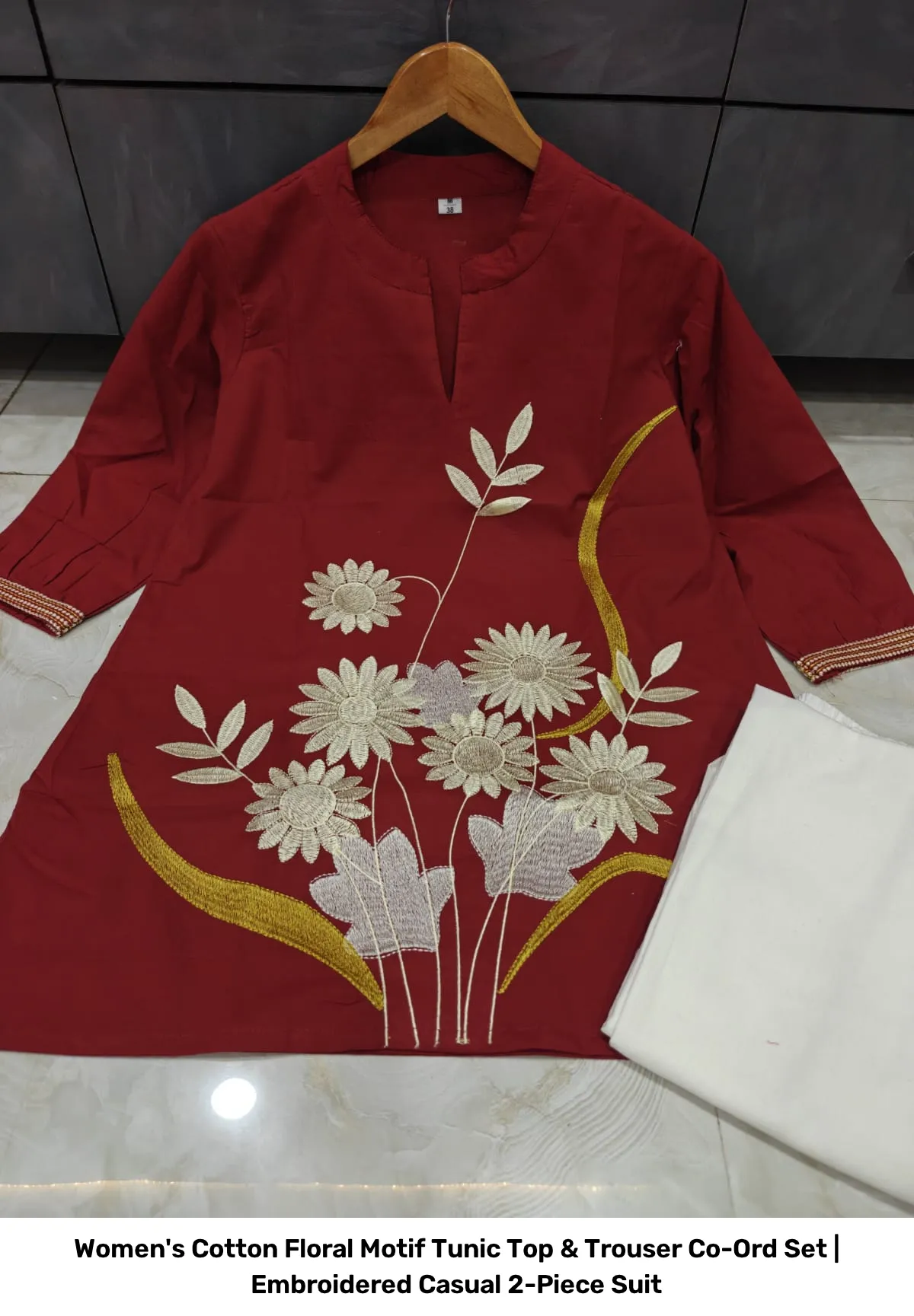 Women's Cotton Floral Motif Tunic Top & Trouser Co-Ord Set | Embroidered Casual 2-Piece Suit 14