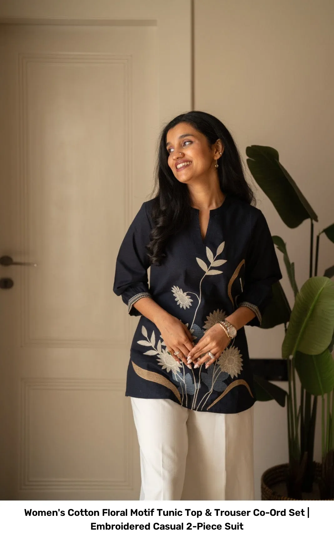 Women's Cotton Floral Motif Tunic Top & Trouser Co-Ord Set | Embroidered Casual 2-Piece Suit 15