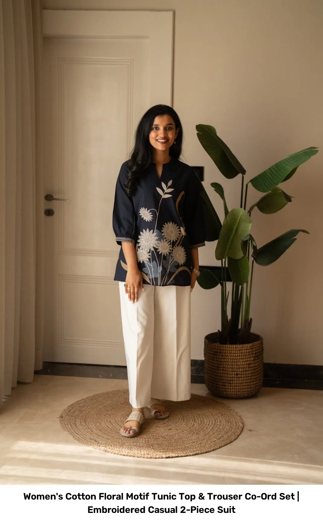 Women's Cotton Floral Motif Tunic Top & Trouser Co-Ord Set | Embroidered Casual 2-Piece Suit 17