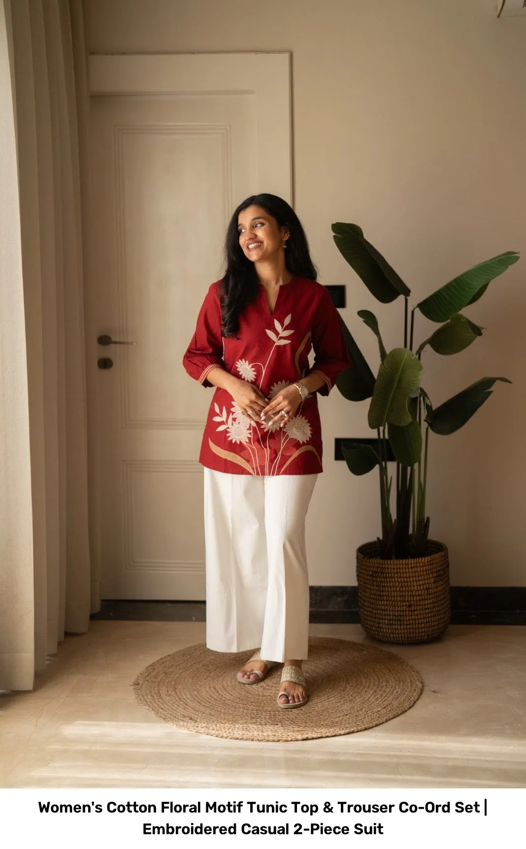 Women's Cotton Floral Motif Tunic Top & Trouser Co-Ord Set | Embroidered Casual 2-Piece Suit 18