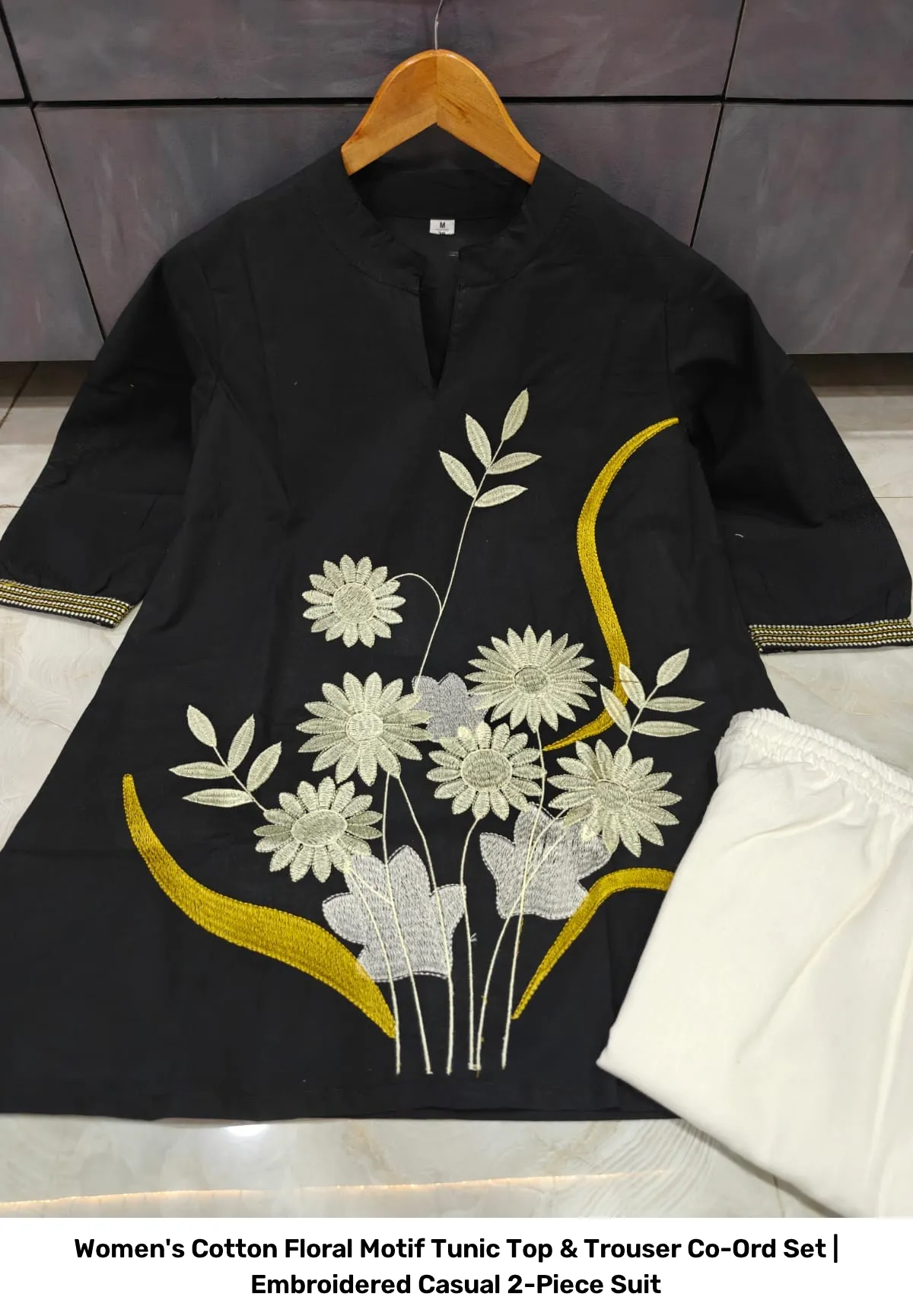 Women's Cotton Floral Motif Tunic Top & Trouser Co-Ord Set | Embroidered Casual 2-Piece Suit 3