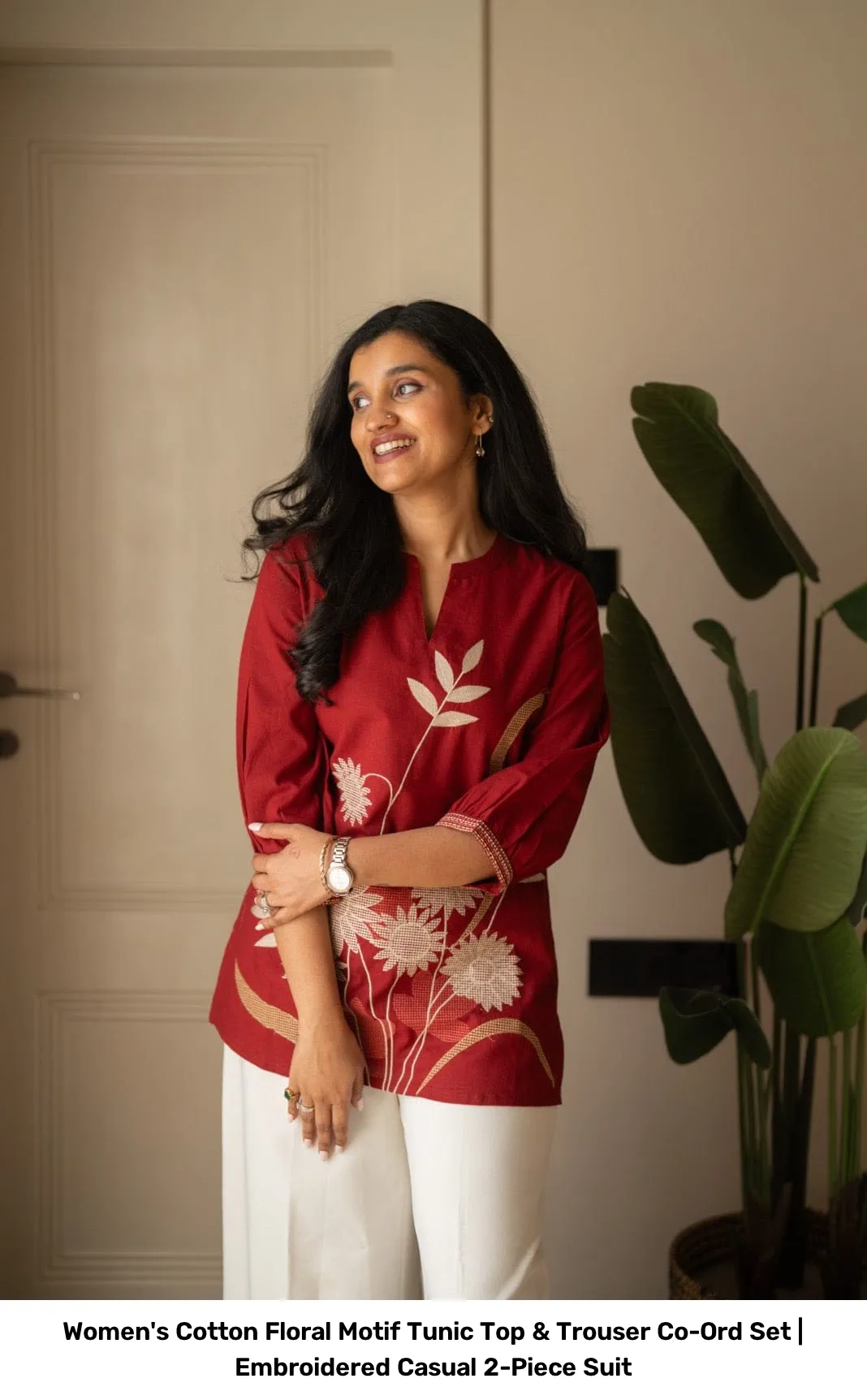 Women's Cotton Floral Motif Tunic Top & Trouser Co-Ord Set | Embroidered Casual 2-Piece Suit 4