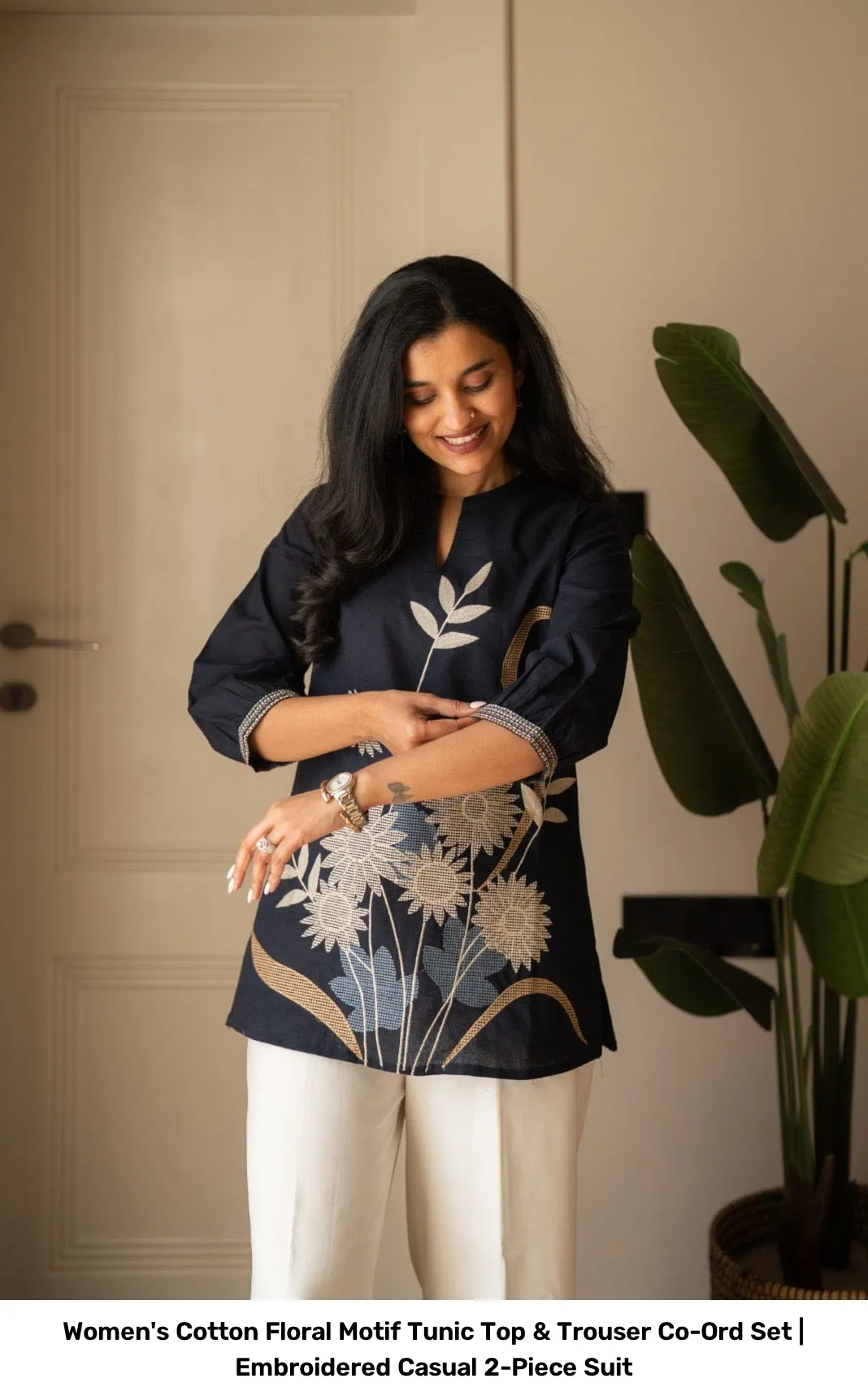 Women's Cotton Floral Motif Tunic Top & Trouser Co-Ord Set | Embroidered Casual 2-Piece Suit 6