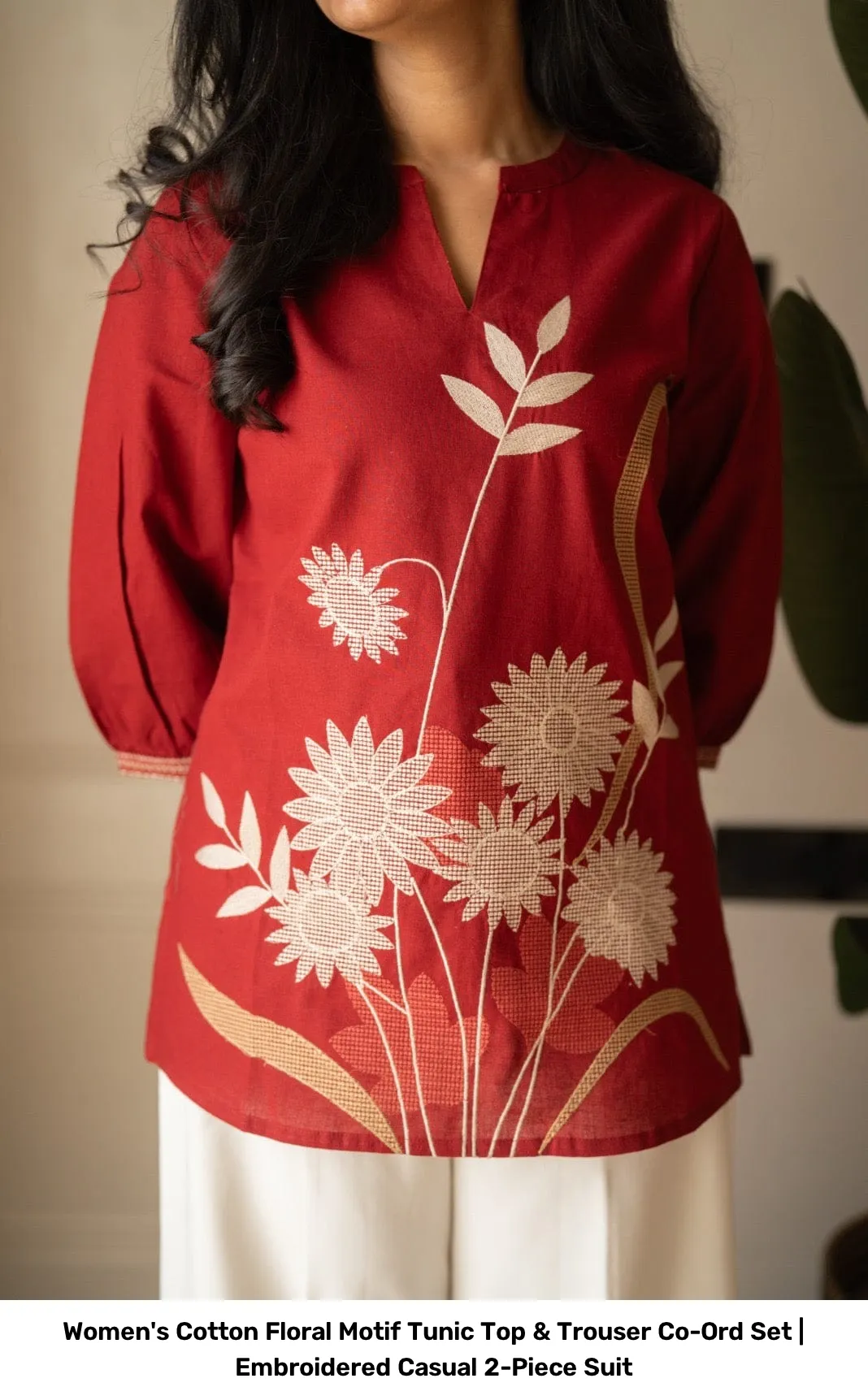 Women's Cotton Floral Motif Tunic Top & Trouser Co-Ord Set | Embroidered Casual 2-Piece Suit 8