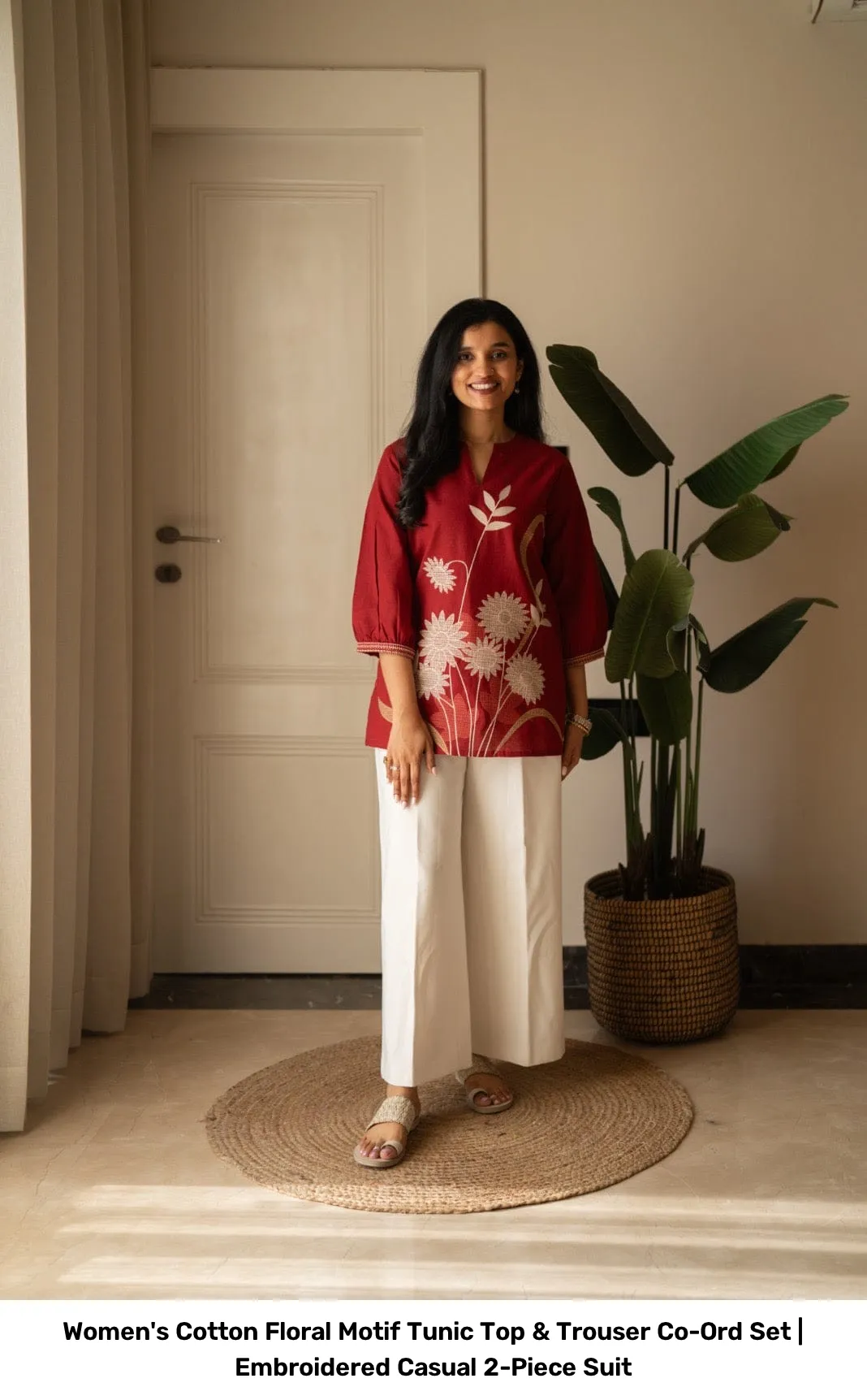 Women's Cotton Floral Motif Tunic Top & Trouser Co-Ord Set | Embroidered Casual 2-Piece Suit 9