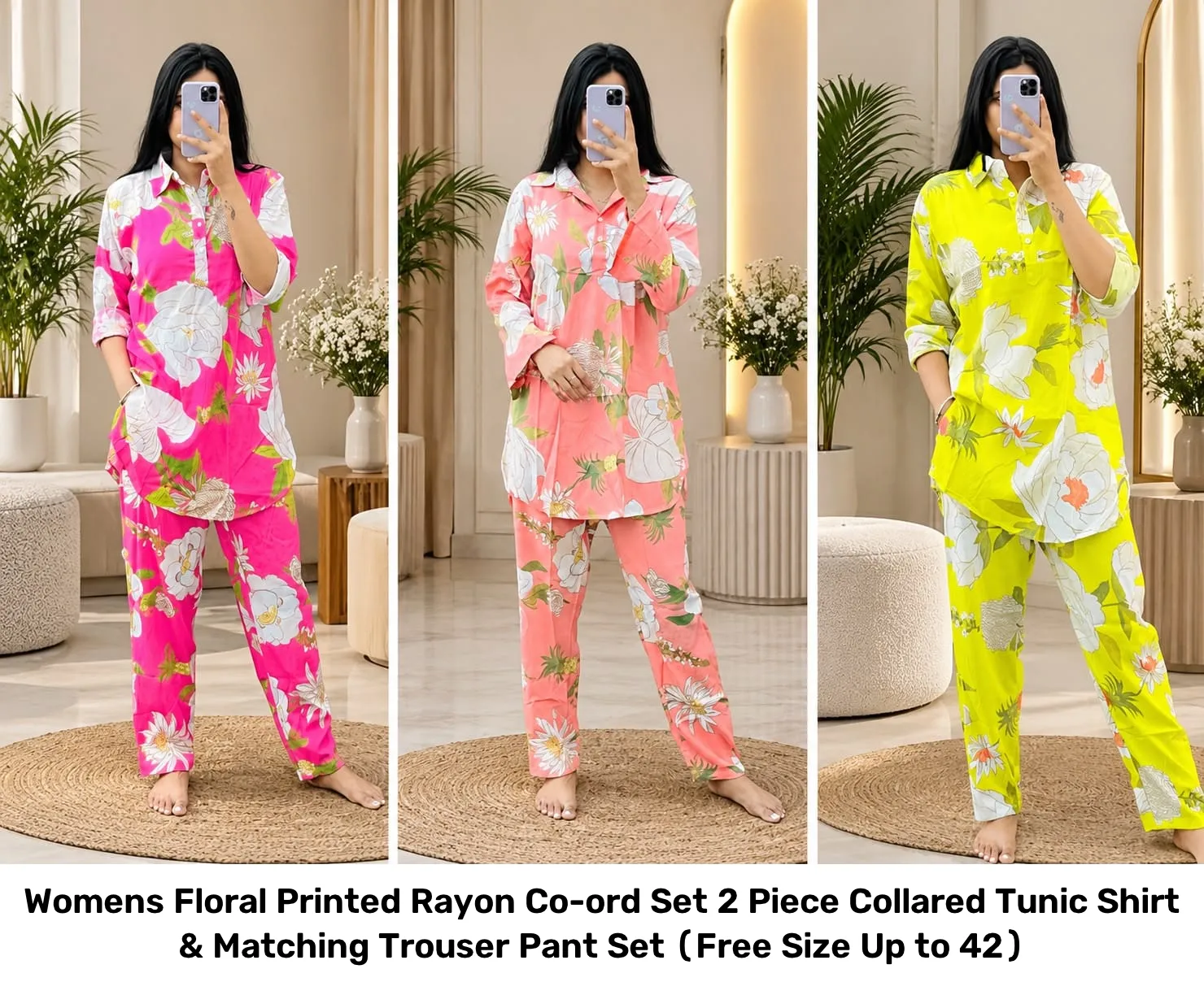 Women’s Floral Printed Rayon Co-ord Set – 2 Piece Collared Tunic Shirt & Matching Trouser Pant Set (Free Size Up to 42) 2