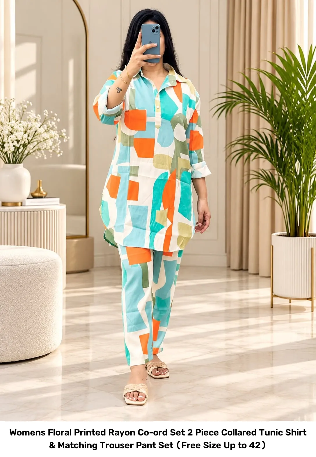 Women’s Floral Printed Rayon Co-ord Set – 2 Piece Collared Tunic Shirt & Matching Trouser Pant Set (Free Size Up to 42) 3