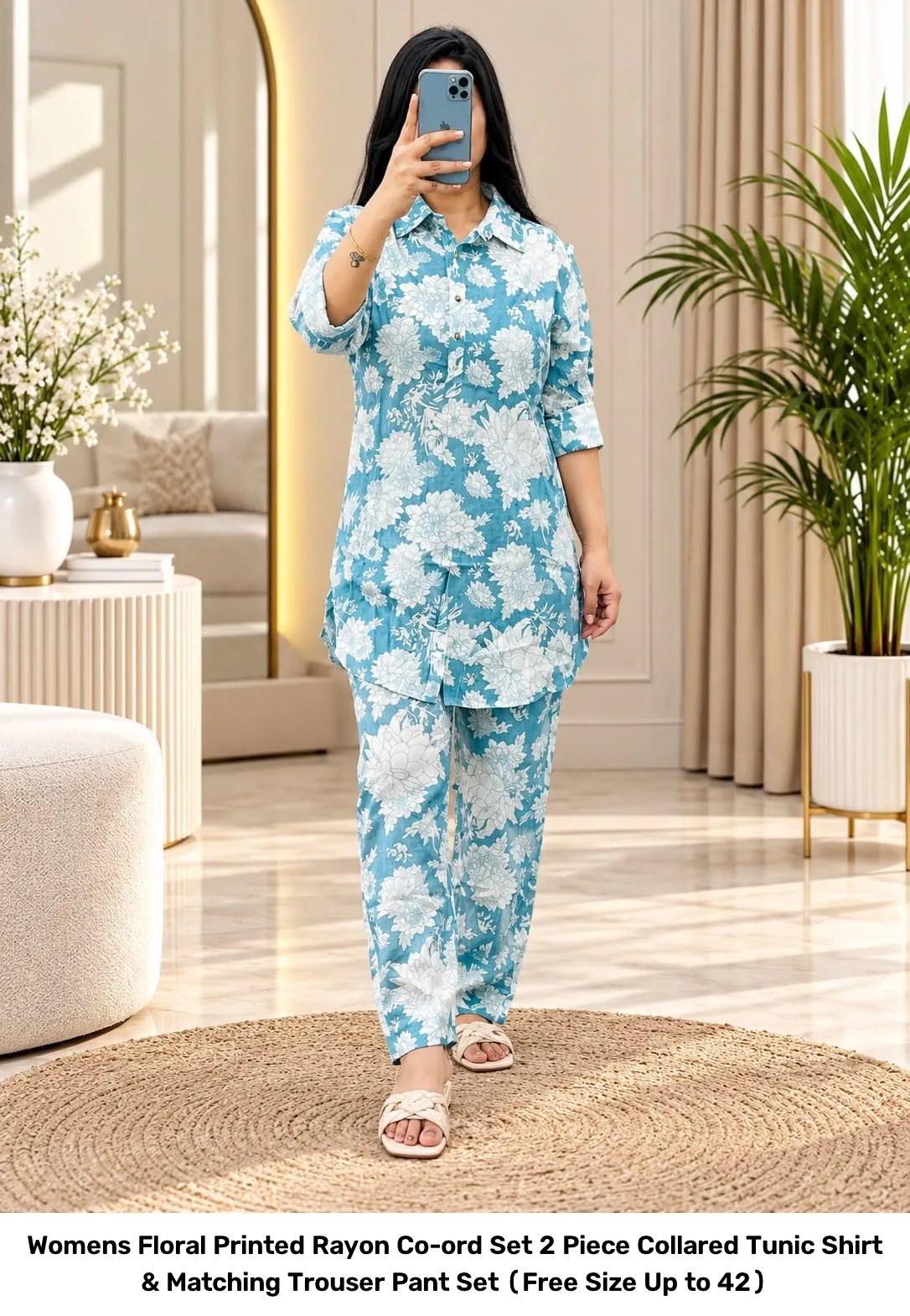 Women’s Floral Printed Rayon Co-ord Set – 2 Piece Collared Tunic Shirt & Matching Trouser Pant Set (Free Size Up to 42) 4