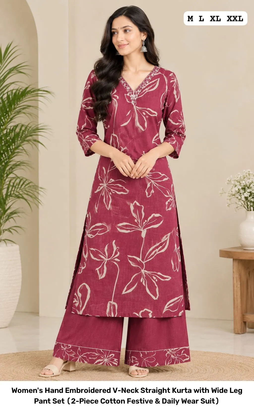 Women's Hand Embroidered V-Neck Straight Kurta with Wide Leg Pant Set (2-Piece Cotton Festive & Daily Wear Suit) 2