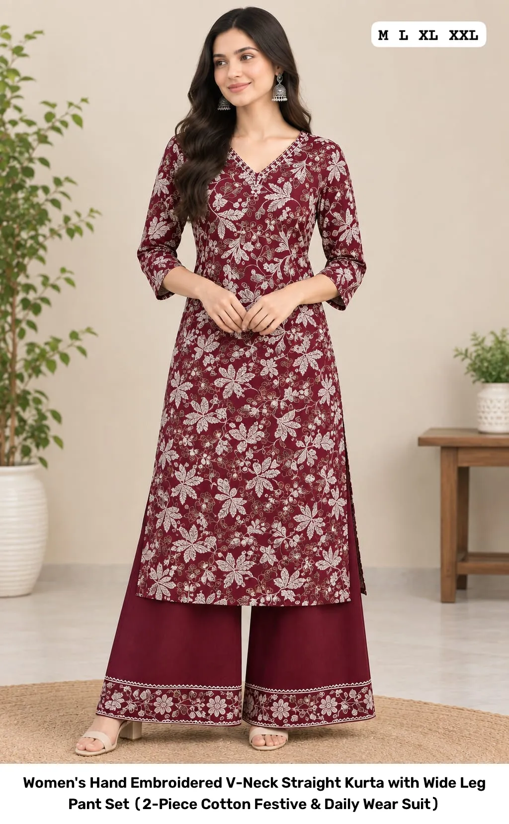 Women's Hand Embroidered V-Neck Straight Kurta with Wide Leg Pant Set (2-Piece Cotton Festive & Daily Wear Suit) 3
