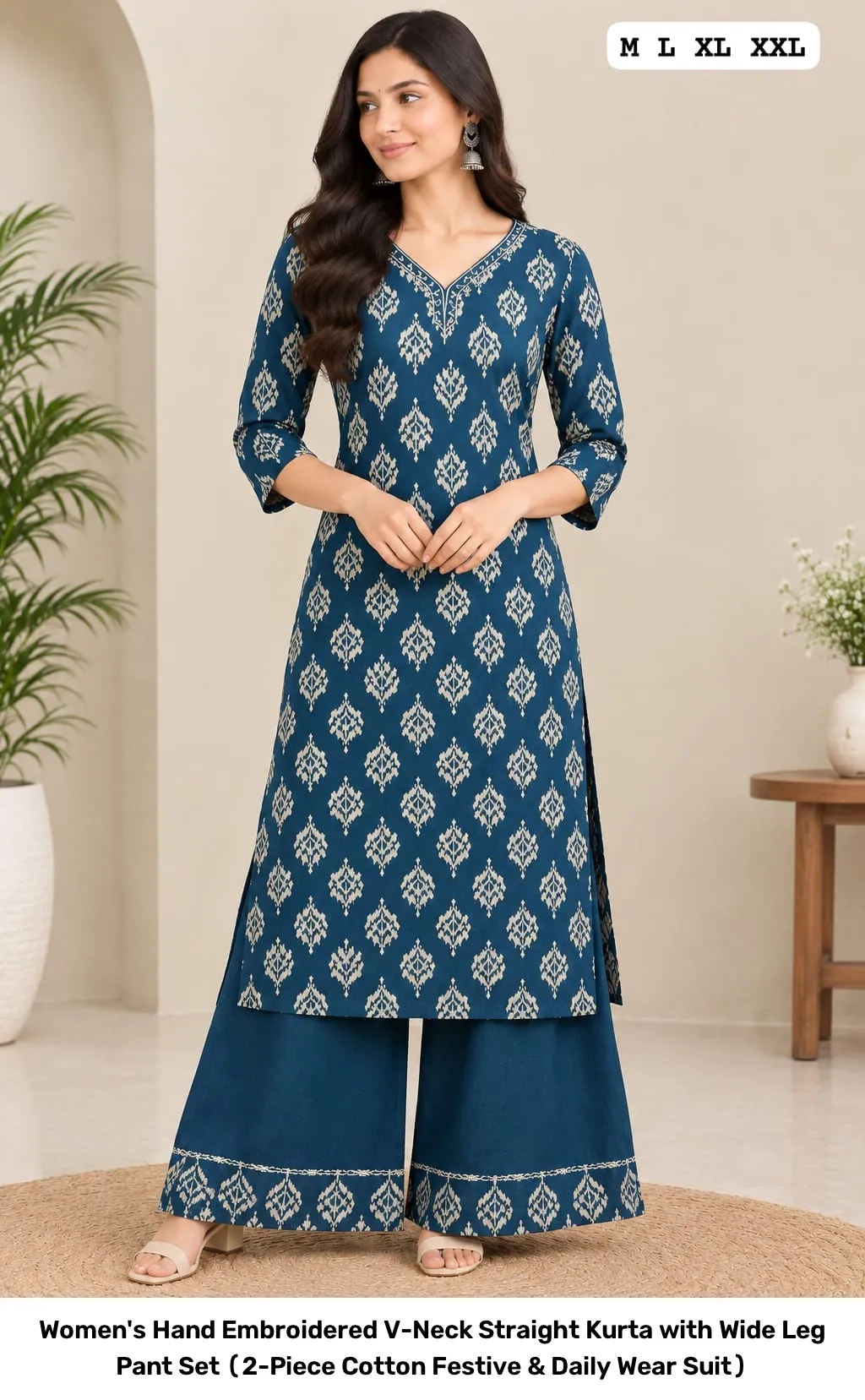 Women's Hand Embroidered V-Neck Straight Kurta with Wide Leg Pant Set (2-Piece Cotton Festive & Daily Wear Suit) 4