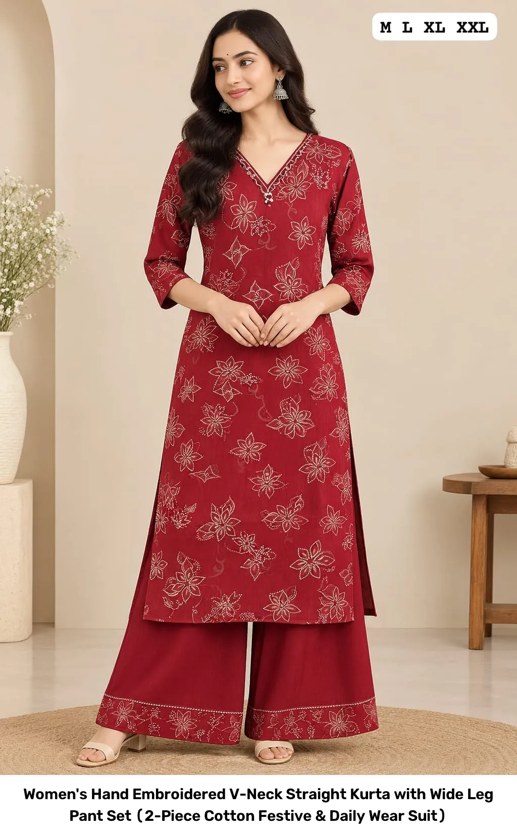 Women's Hand Embroidered V-Neck Straight Kurta with Wide Leg Pant Set (2-Piece Cotton Festive & Daily Wear Suit) 5