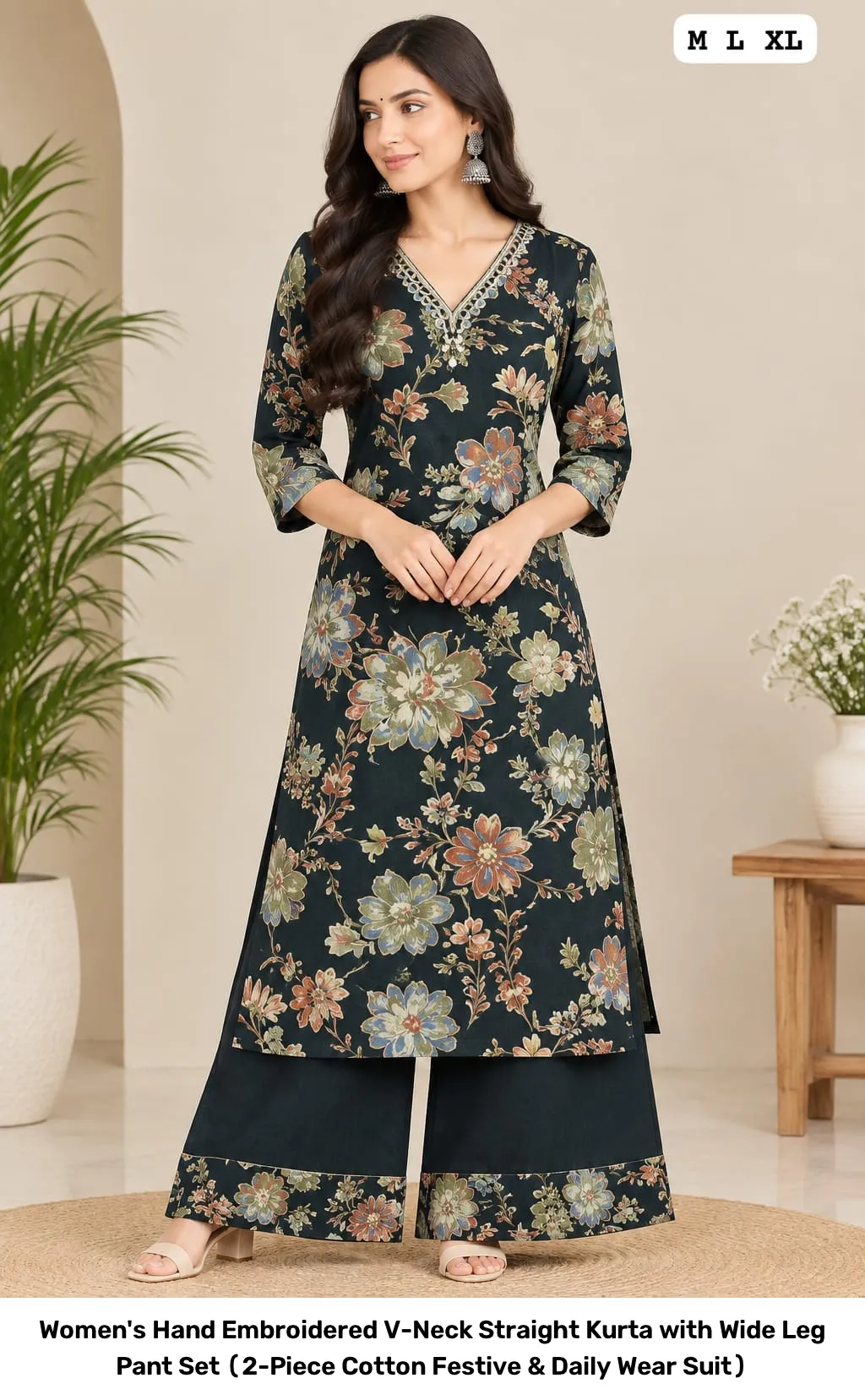 Women's Hand Embroidered V-Neck Straight Kurta with Wide Leg Pant Set (2-Piece Cotton Festive & Daily Wear Suit) 6