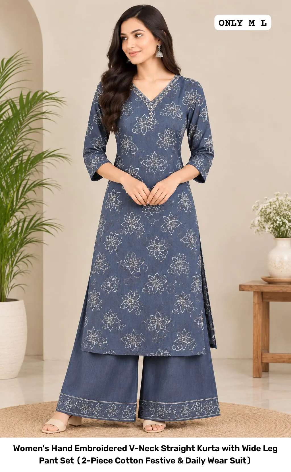 Women's Hand Embroidered V-Neck Straight Kurta with Wide Leg Pant Set (2-Piece Cotton Festive & Daily Wear Suit) 7