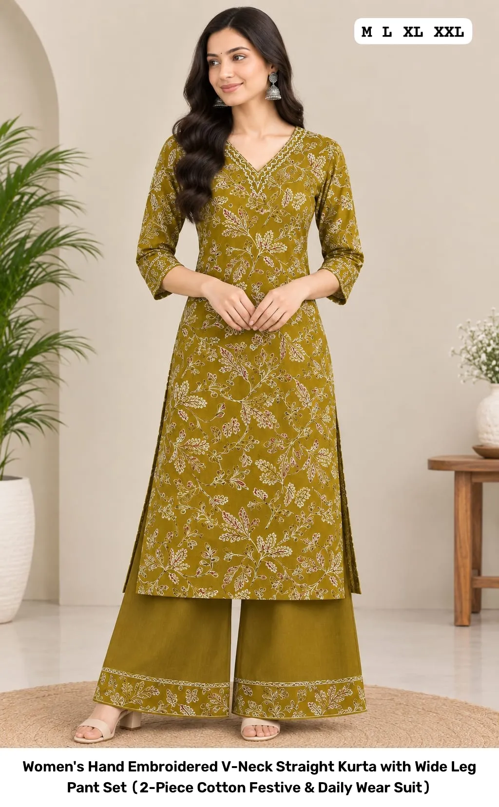 Women's Hand Embroidered V-Neck Straight Kurta with Wide Leg Pant Set (2-Piece Cotton Festive & Daily Wear Suit) 8