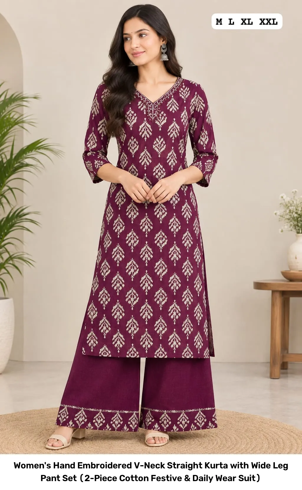 Women's Hand Embroidered V-Neck Straight Kurta with Wide Leg Pant Set (2-Piece Cotton Festive & Daily Wear Suit) 9