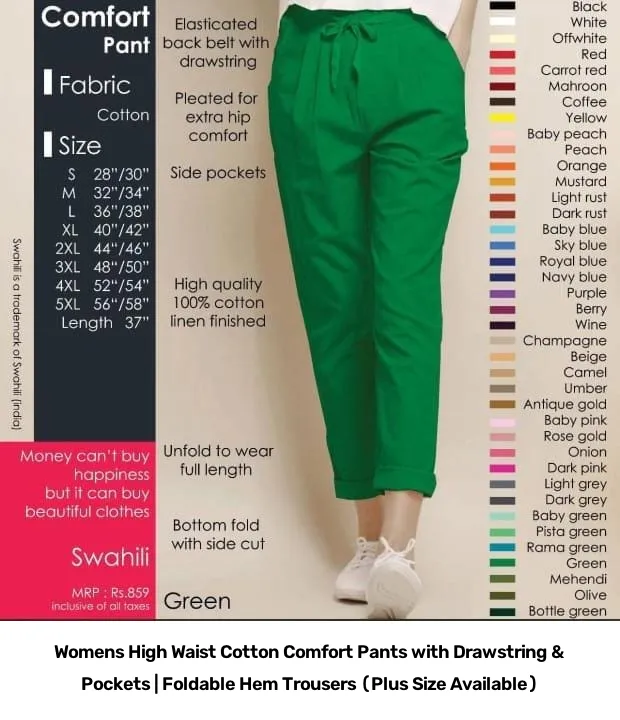 Women’s High Waist Cotton Comfort Pants with Drawstring & Pockets | Foldable Hem Trousers (Plus Size Available) 2
