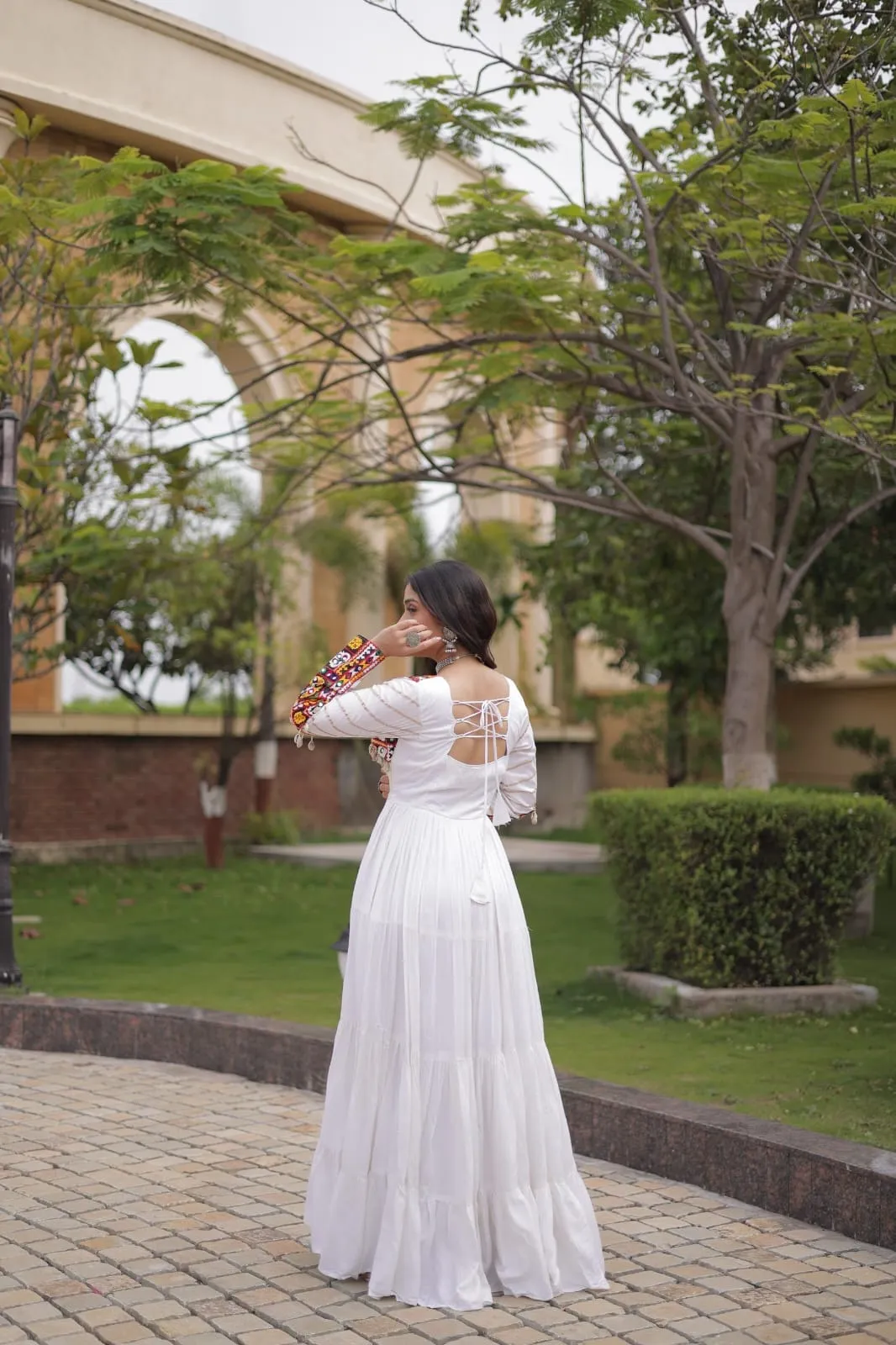 Women’s Navratri Kutchi Embroidered Mirror & Gota Patti Gown | 12 Meter Tiered Frill Rayon Anarkali Dress (White & Maroon