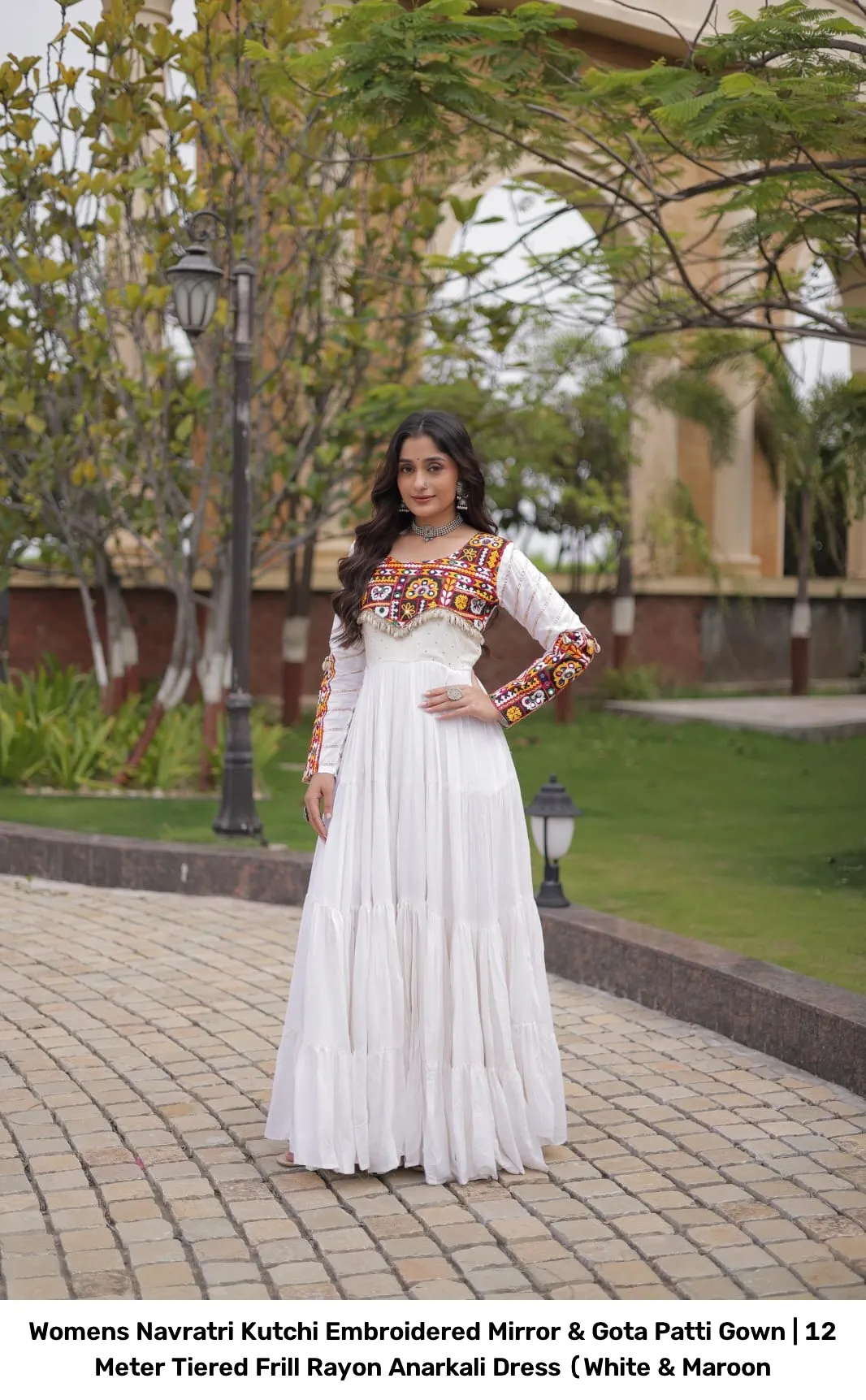 Women’s Navratri Kutchi Embroidered Mirror & Gota Patti Gown | 12 Meter Tiered Frill Rayon Anarkali Dress (White & Maroon 2