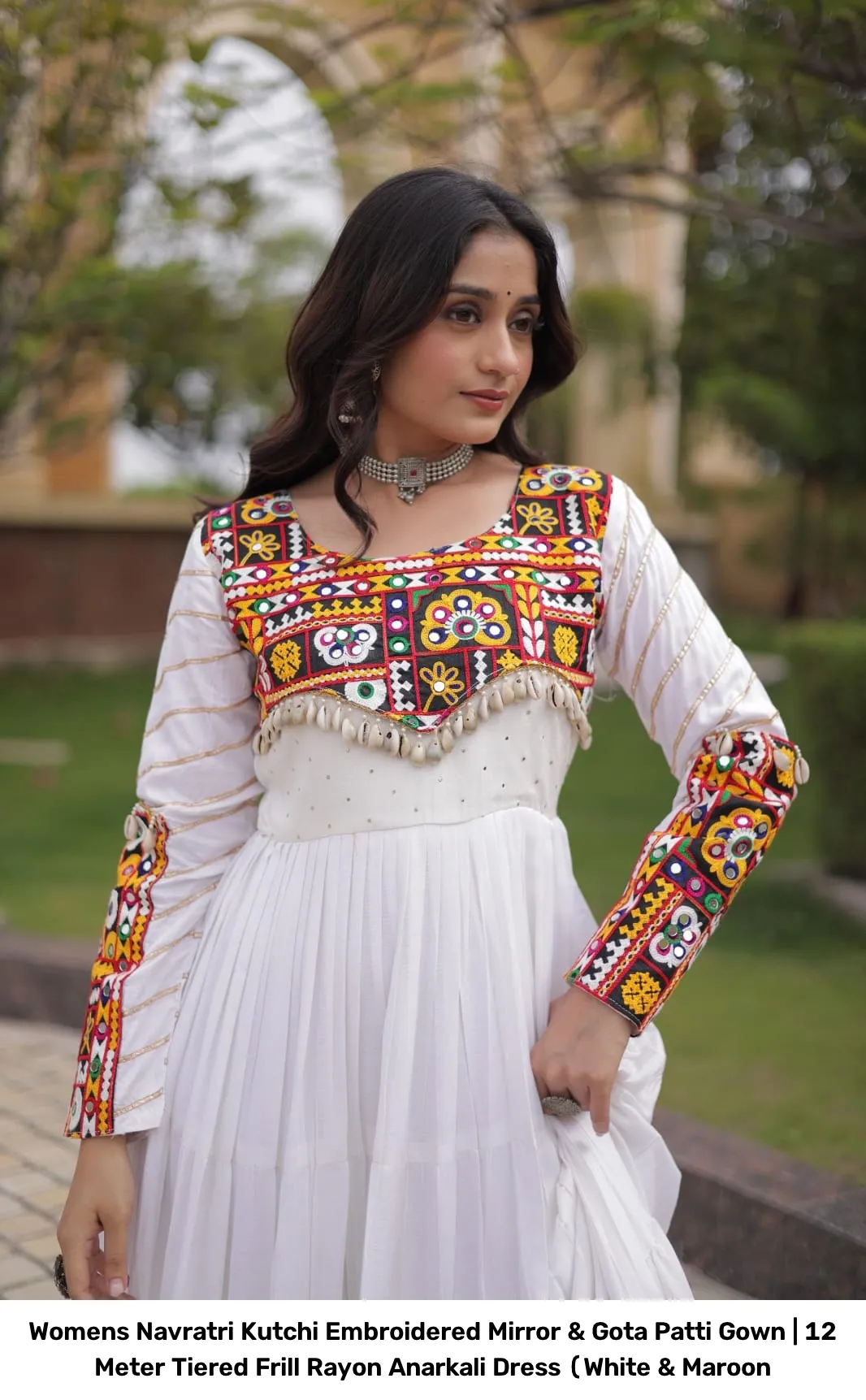 Women’s Navratri Kutchi Embroidered Mirror & Gota Patti Gown | 12 Meter Tiered Frill Rayon Anarkali Dress (White & Maroon 3