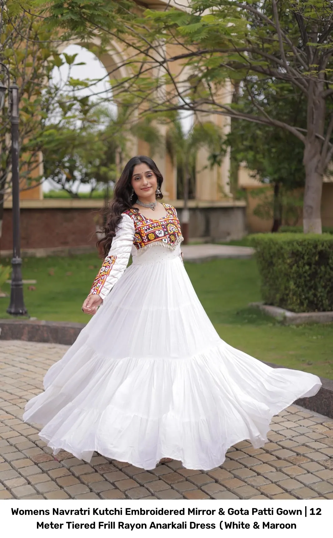 Women’s Navratri Kutchi Embroidered Mirror & Gota Patti Gown | 12 Meter Tiered Frill Rayon Anarkali Dress (White & Maroon 4