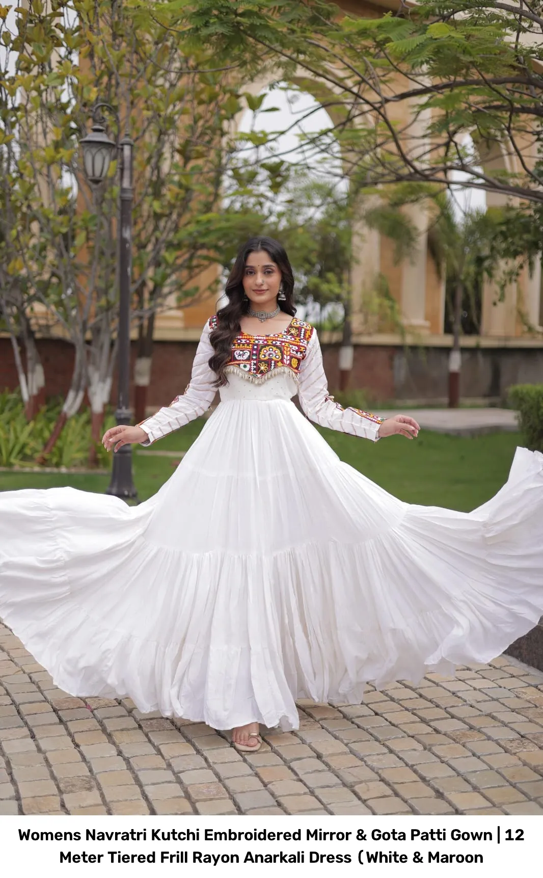 Women’s Navratri Kutchi Embroidered Mirror & Gota Patti Gown | 12 Meter Tiered Frill Rayon Anarkali Dress (White & Maroon 5