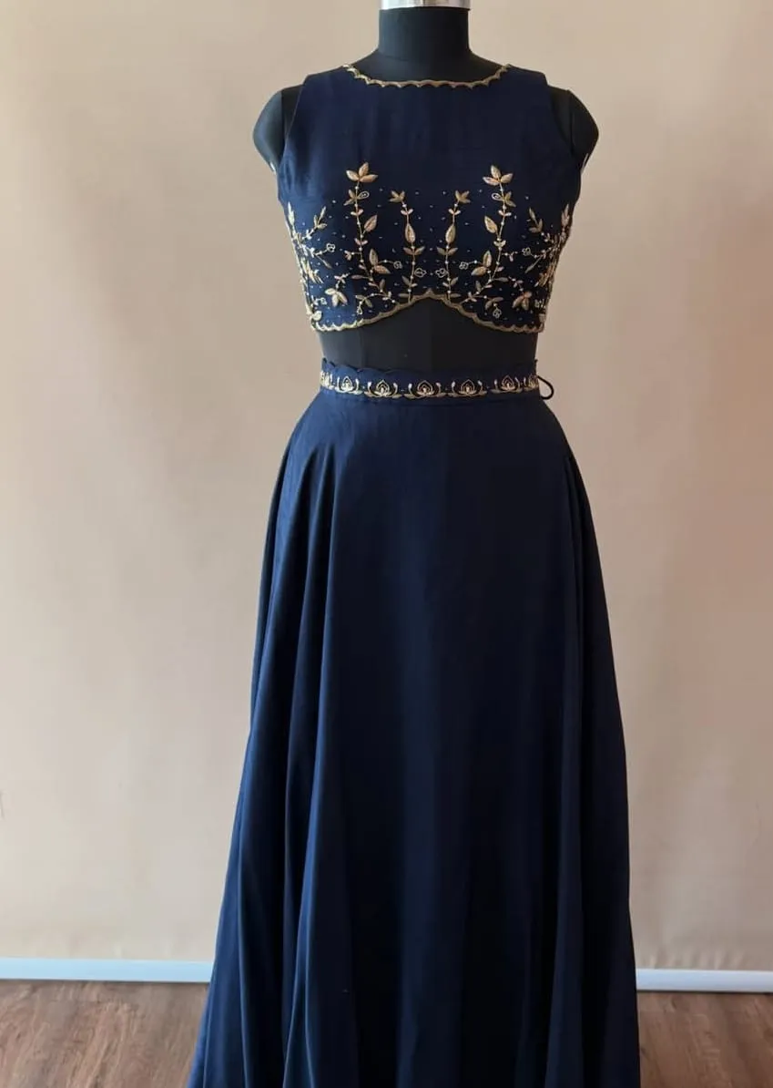 Women’s Navy Blue Embroidered Crop Top with Flared Maxi Skirt Set | Sleeveless Boat Neck Zari Work Scalloped Hem Lehenga Set for Festive Party Wear