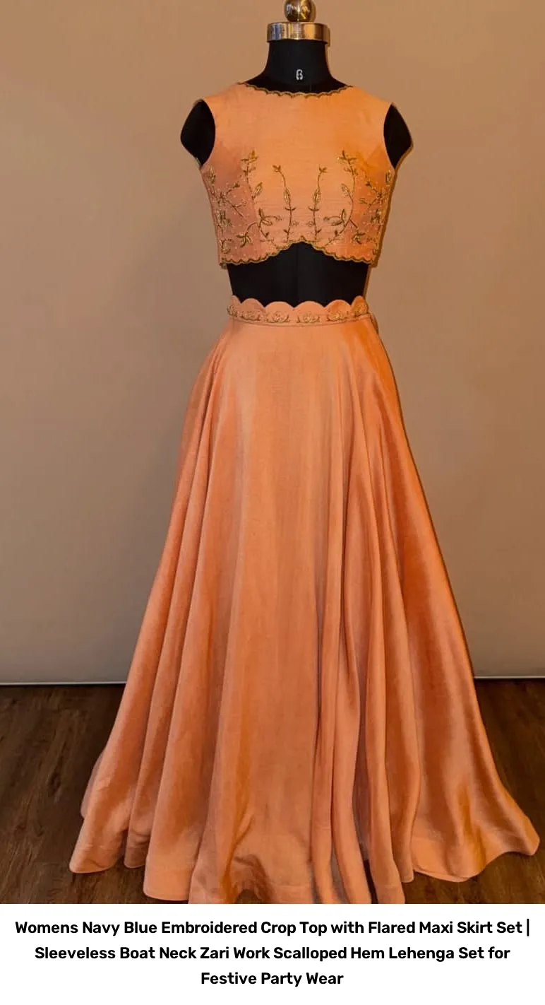 Women’s Navy Blue Embroidered Crop Top with Flared Maxi Skirt Set | Sleeveless Boat Neck Zari Work Scalloped Hem Lehenga Set for Festive Party Wear 2
