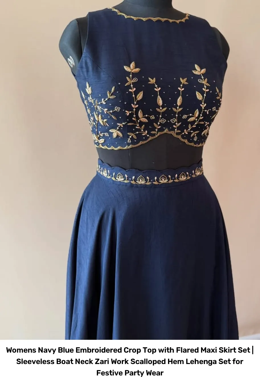 Women’s Navy Blue Embroidered Crop Top with Flared Maxi Skirt Set | Sleeveless Boat Neck Zari Work Scalloped Hem Lehenga Set for Festive Party Wear 3