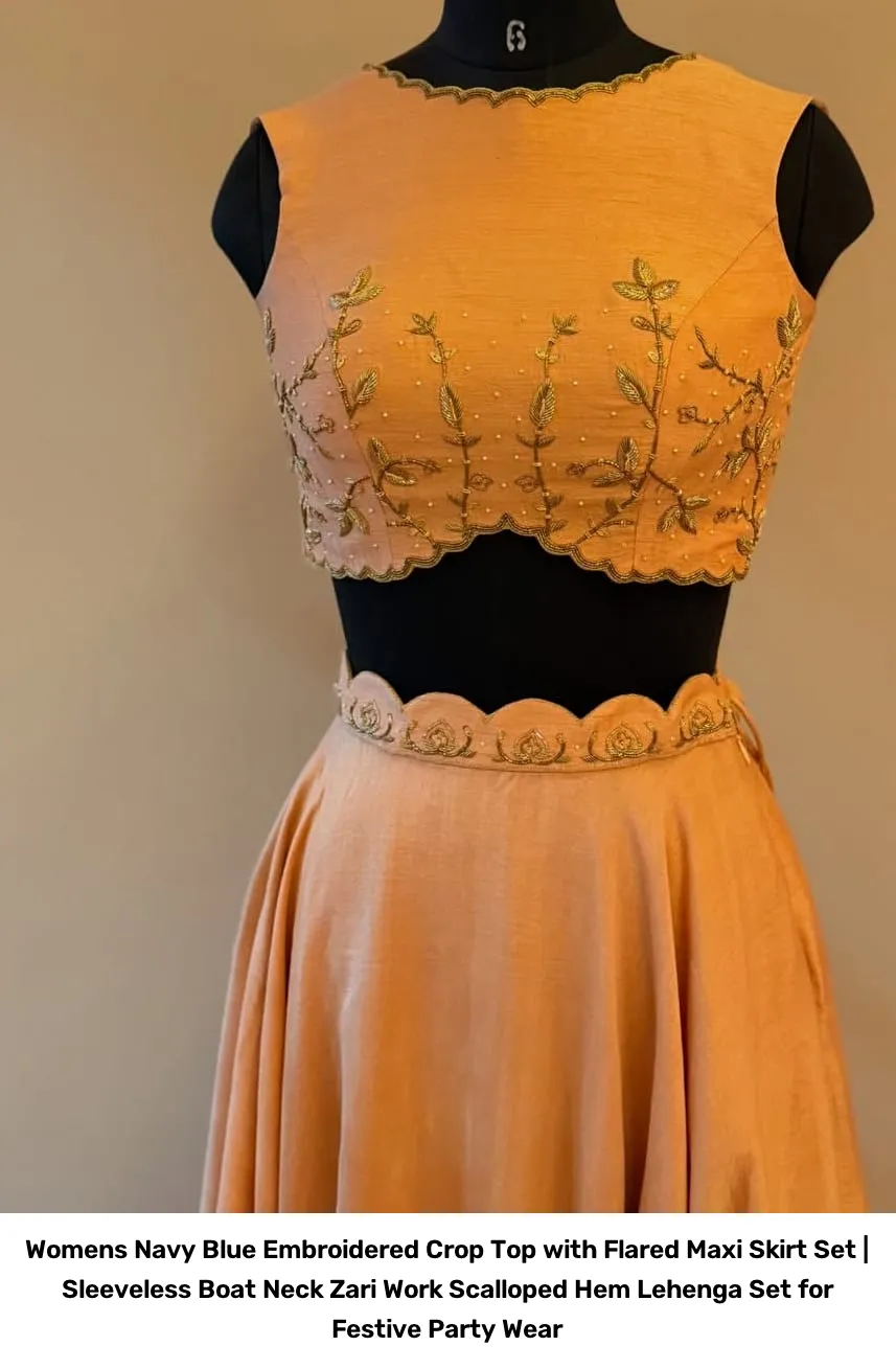 Women’s Navy Blue Embroidered Crop Top with Flared Maxi Skirt Set | Sleeveless Boat Neck Zari Work Scalloped Hem Lehenga Set for Festive Party Wear 4