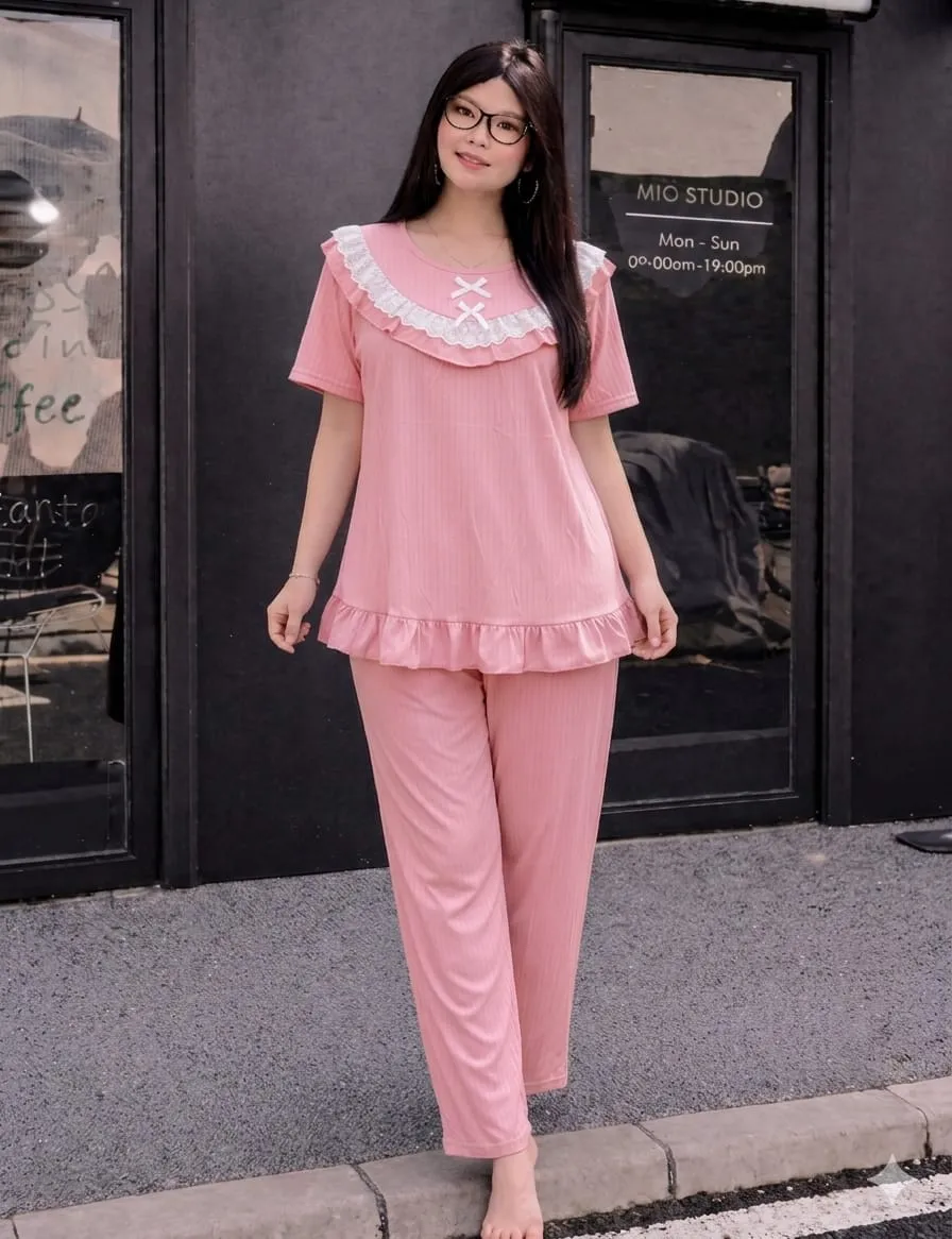 Women's Ribbed Stretchable Hosiery Frill Night Suit Set – Lace Yoke Half Sleeve Top & Pyjama Set | Summer Loungewear Sleepwear (Bust 32"-48")