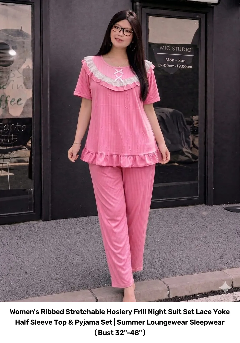Women's Ribbed Stretchable Hosiery Frill Night Suit Set – Lace Yoke Half Sleeve Top & Pyjama Set | Summer Loungewear Sleepwear (Bust 32"-48") 5