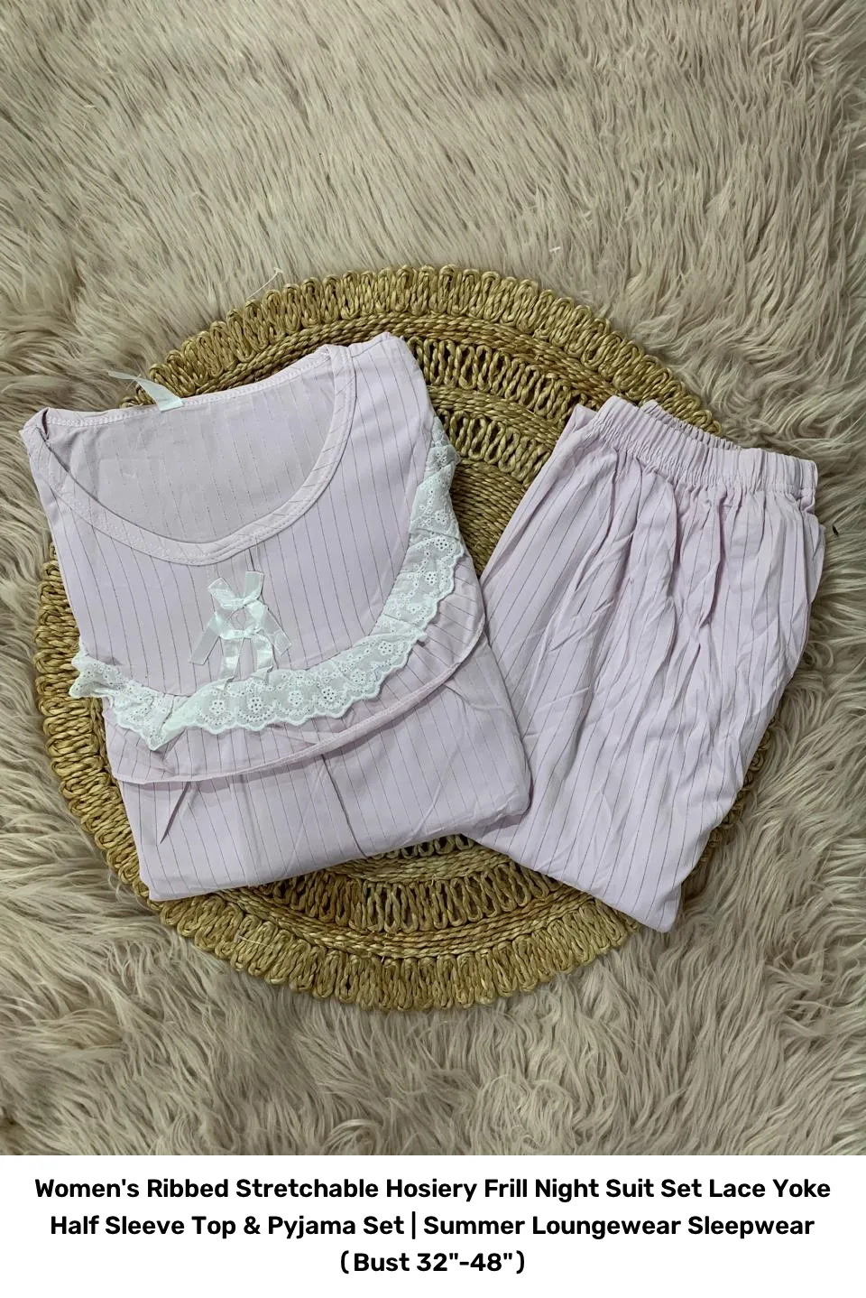 Women's Ribbed Stretchable Hosiery Frill Night Suit Set – Lace Yoke Half Sleeve Top & Pyjama Set | Summer Loungewear Sleepwear (Bust 32"-48") 6