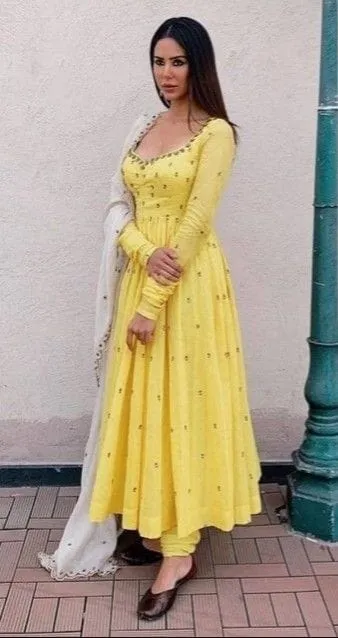 Yellow Chanderi Anarkali Suit with Scalloped Dupatta
