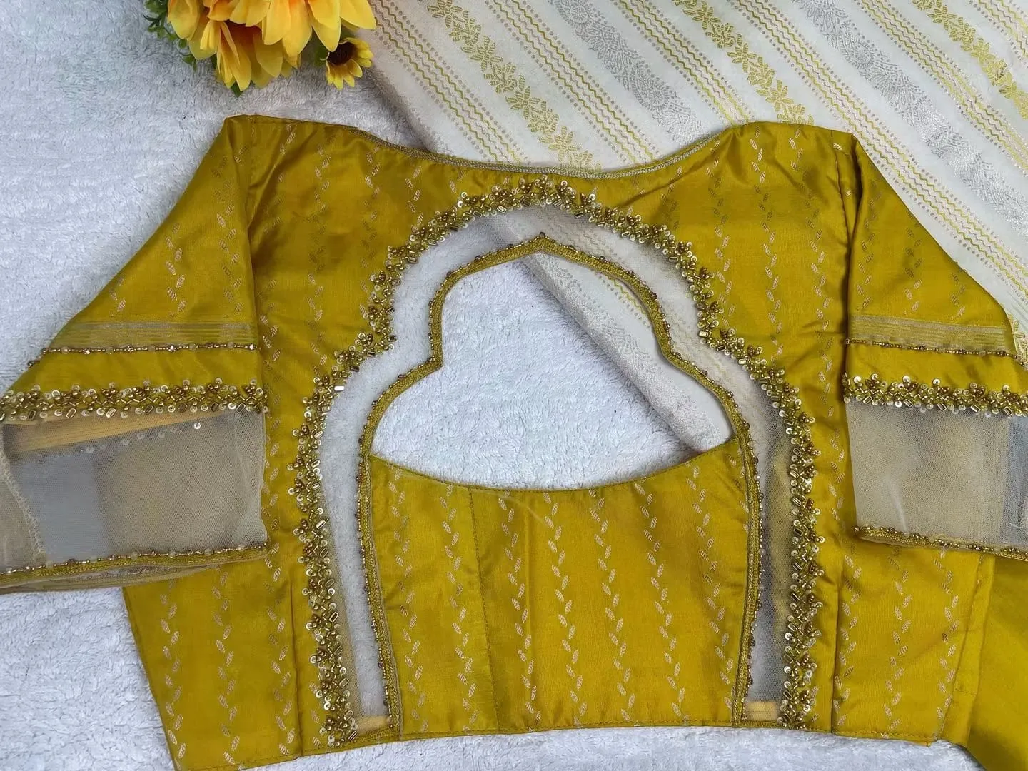 Yellow Maggam Work Blouse – Net Cutout Saree Blouse