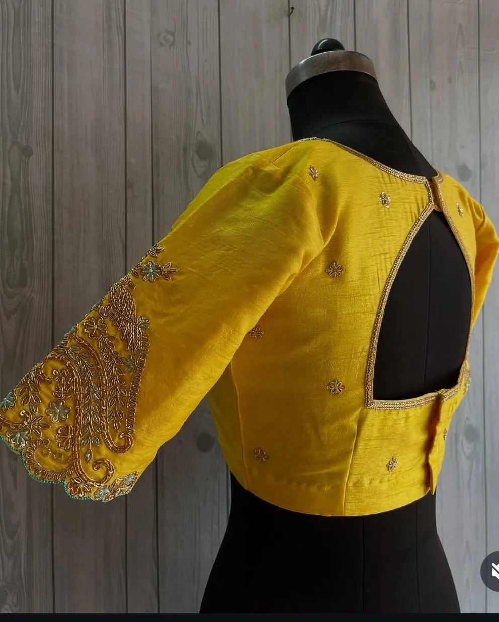 Yellow Silk Cut-Out Back Blouse with Mango Maggam Work