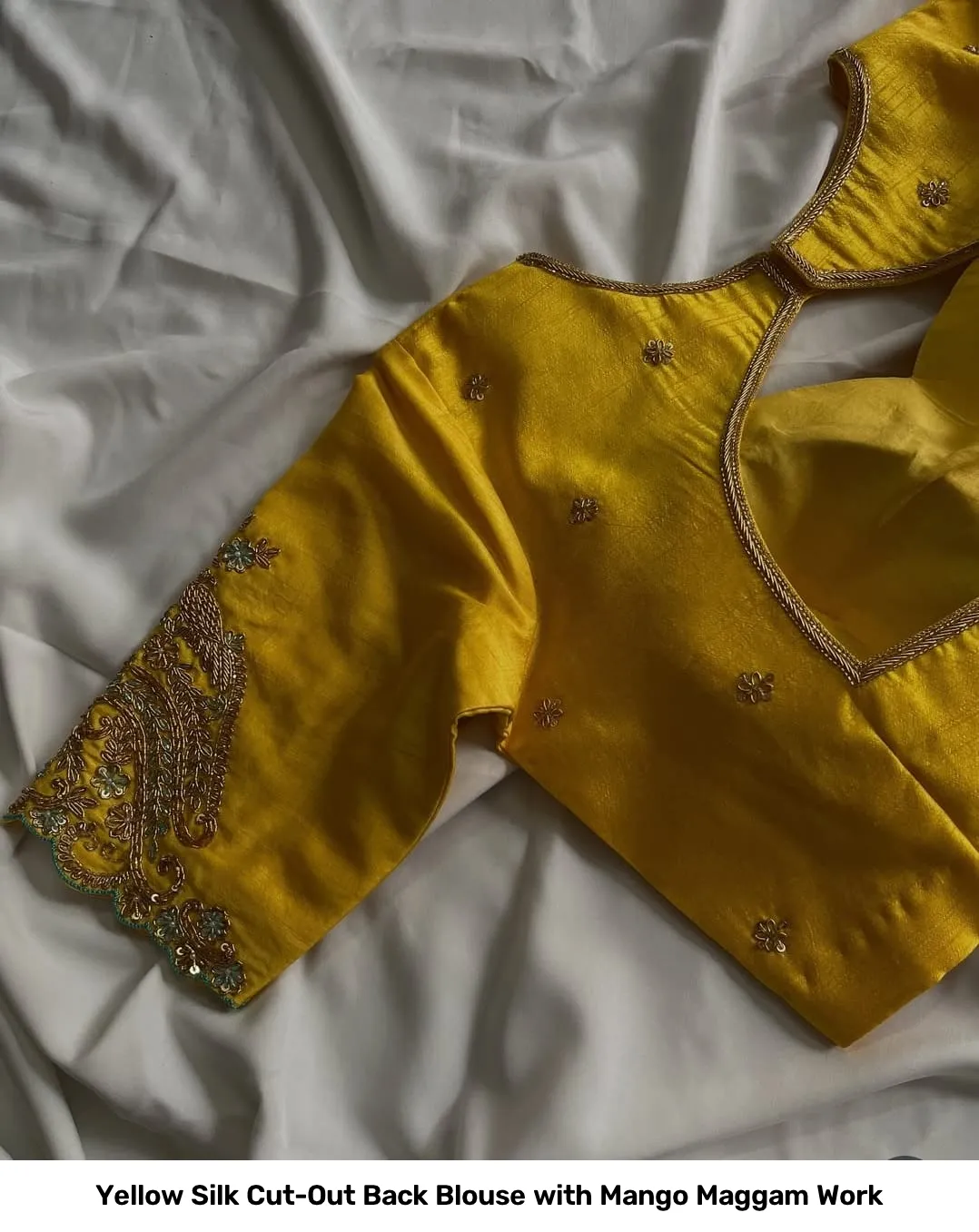 Yellow Silk Cut-Out Back Blouse with Mango Maggam Work 2