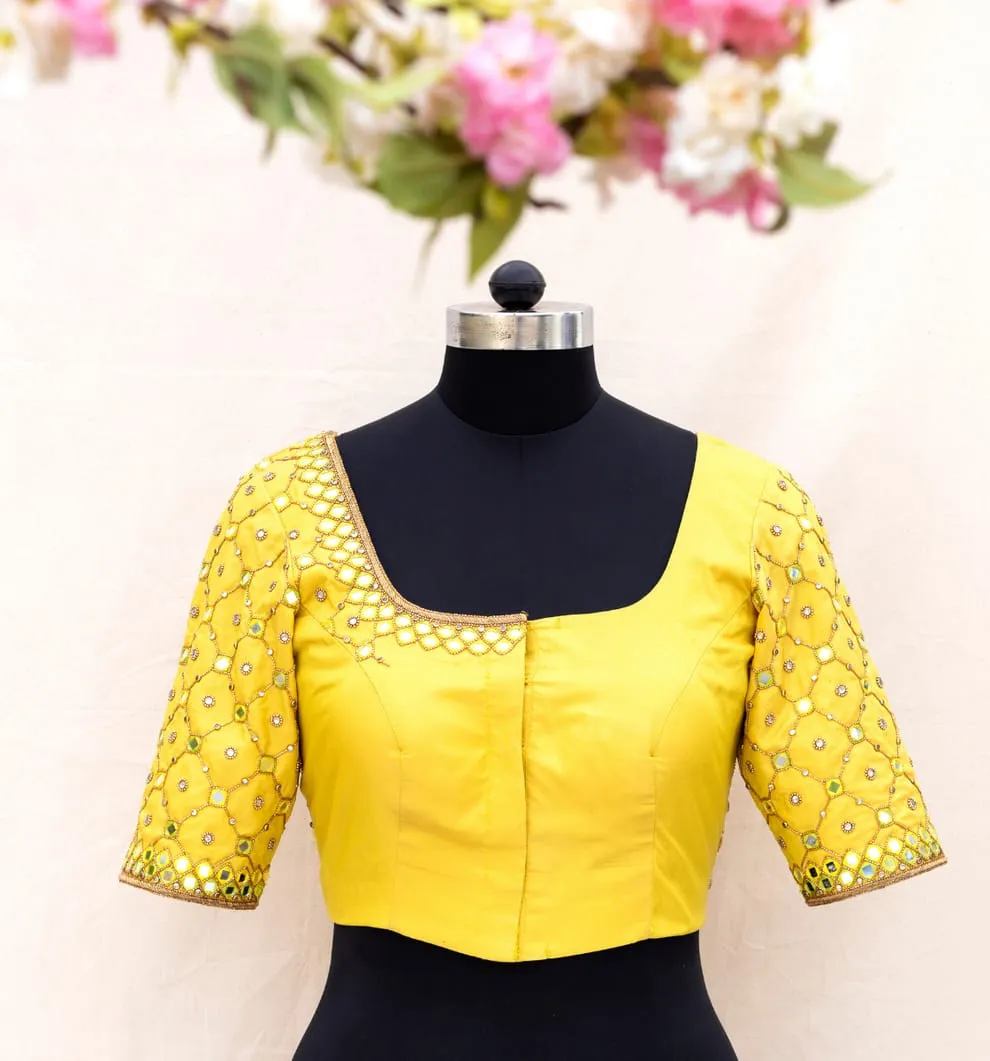 Yellow Silk Mirror Jaal Blouse with Deep U Back Dori