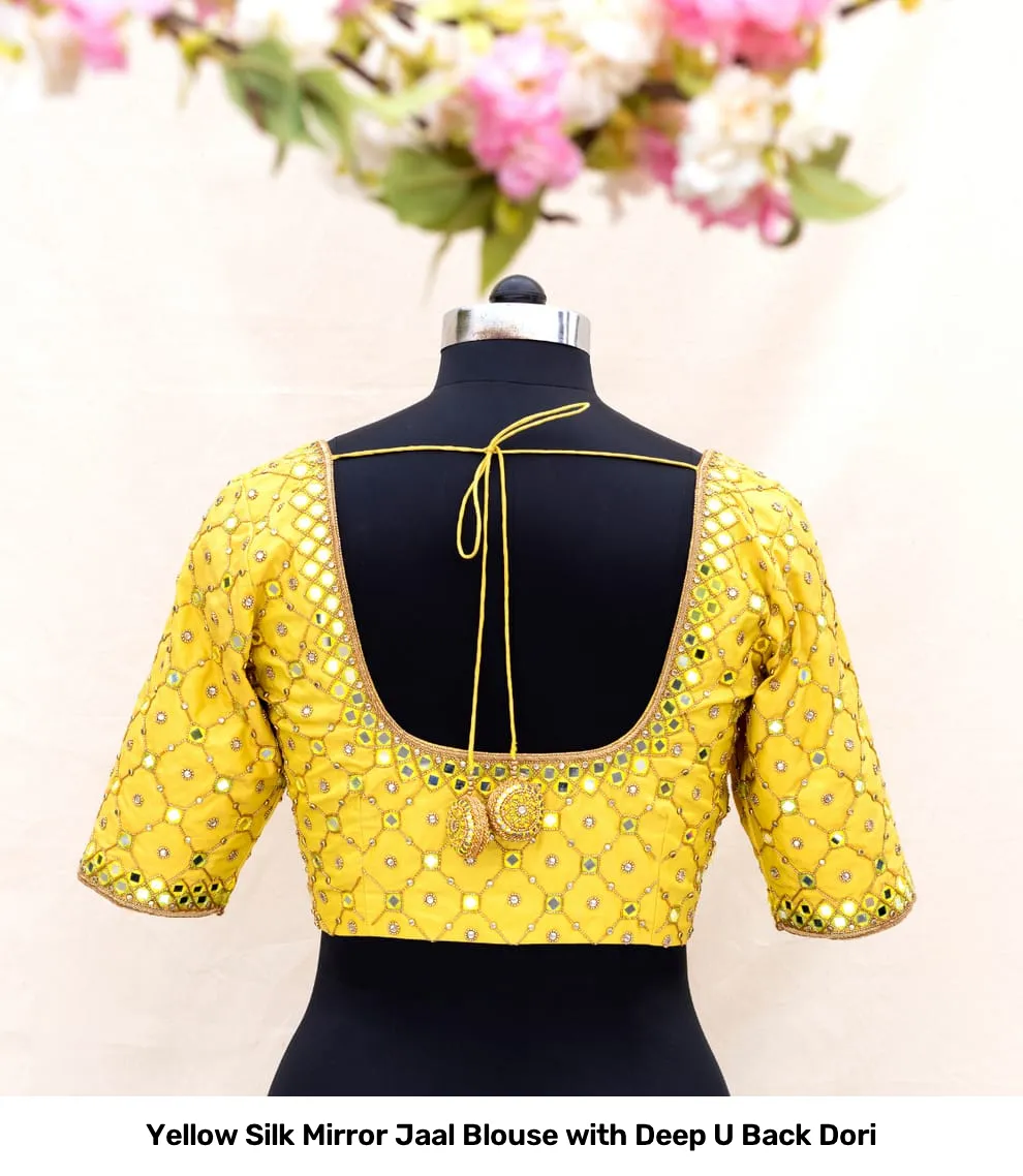 Yellow Silk Mirror Jaal Blouse with Deep U Back Dori 2