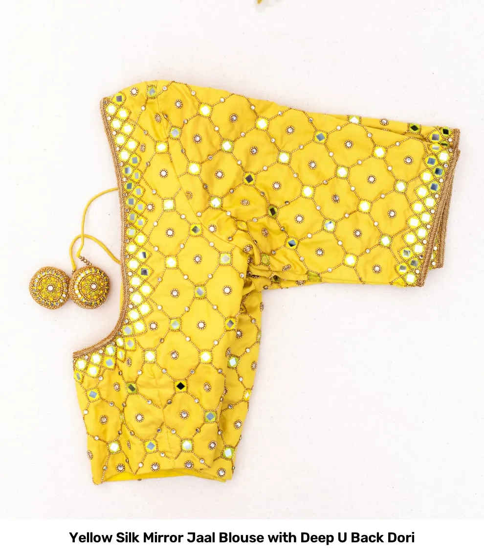 Yellow Silk Mirror Jaal Blouse with Deep U Back Dori 3